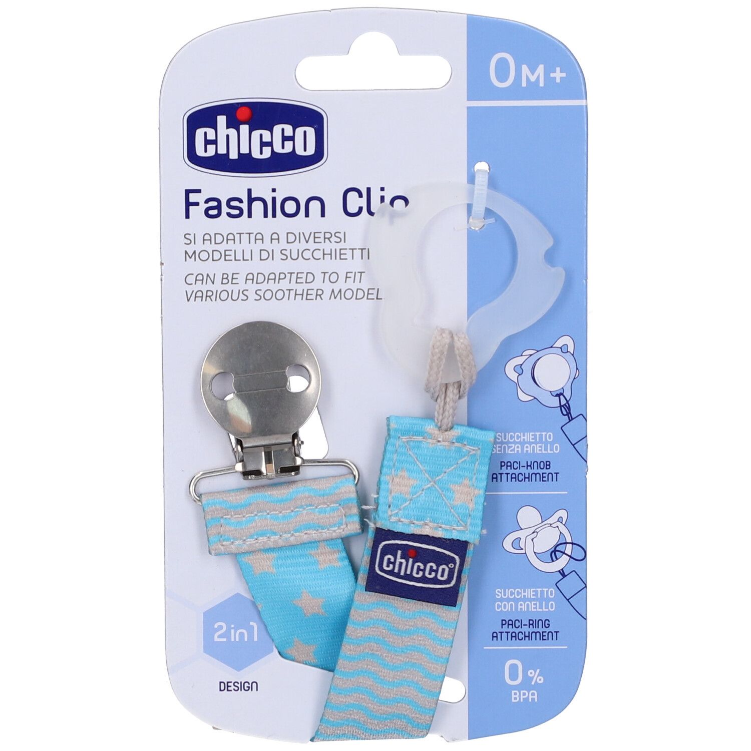 Chicco Fashion Clip blu con motivo a stelle. Confezione con informazioni sul prodotto e design 2-in-1. Adattabile a vari succhietti.
