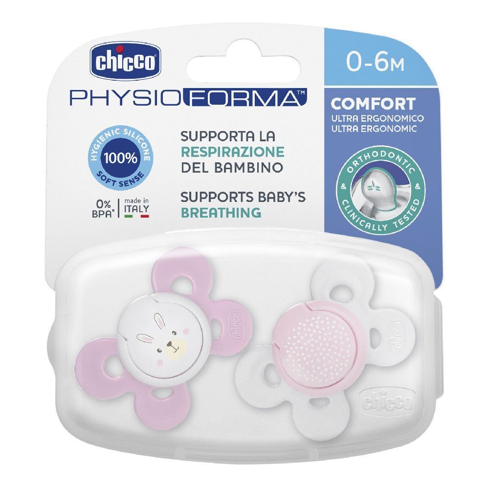 Zwei rosa Schnuller in einer transparenten Verpackung. Auf der Verpackung steht "Chicco PhysioForma".