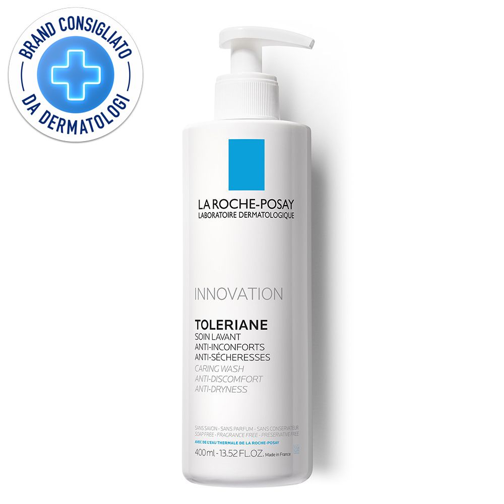 Flacone bianco con dosatore. Scritta: La Roche-Posay, Toleriane. Logo: quadrato blu. Sigillo: Brand Consigliato da Dermatologi.
