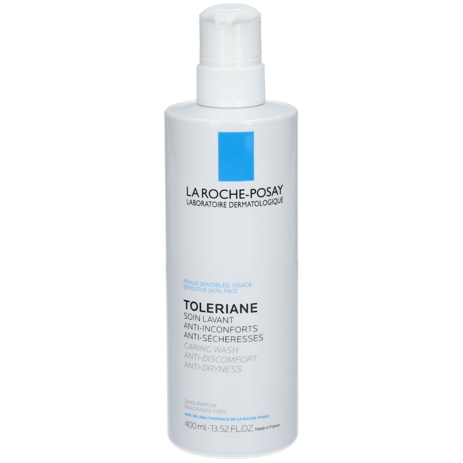 Flacone bianco con dosatore. Scritta: La Roche-Posay, Toleriane. Logo: quadrato blu. Volume: 400ml.