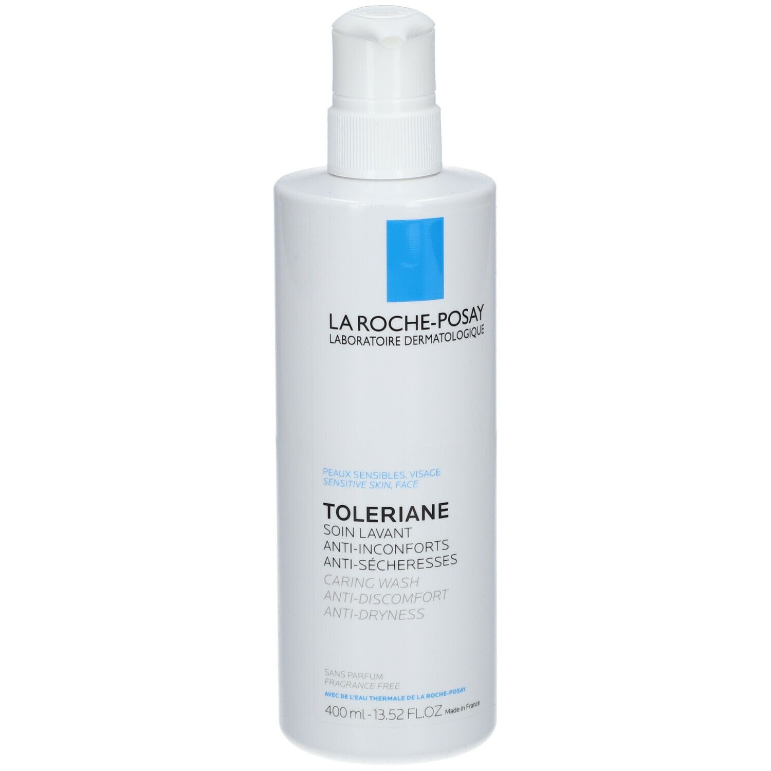 Flacone bianco con dosatore. Scritta: La Roche-Posay, Toleriane. Logo: quadrato blu. Volume: 400ml.