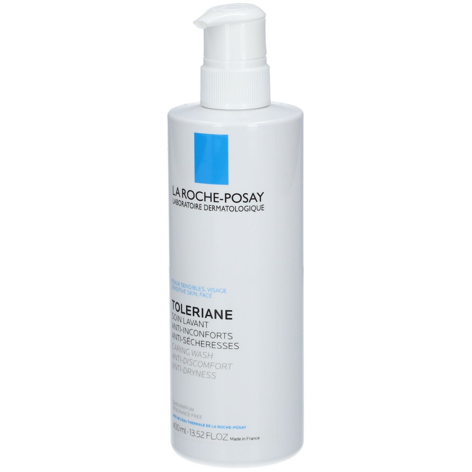 Flacone bianco con dosatore. Scritta: La Roche-Posay, Toleriane. Logo: quadrato blu. Volume: 400ml.