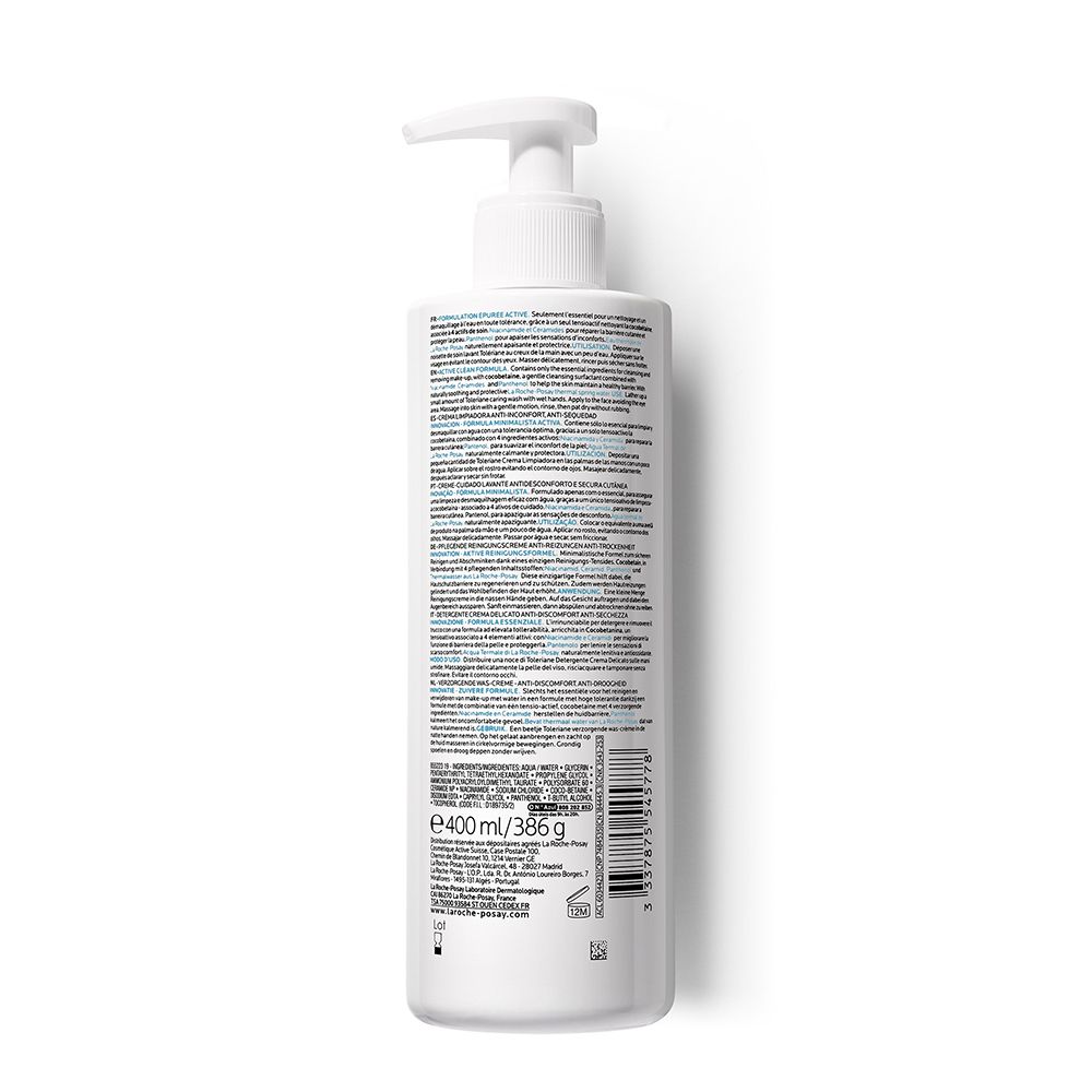 Retro di un flacone bianco con dosatore. Testo multilingue. Informazioni sugli ingredienti e peso.