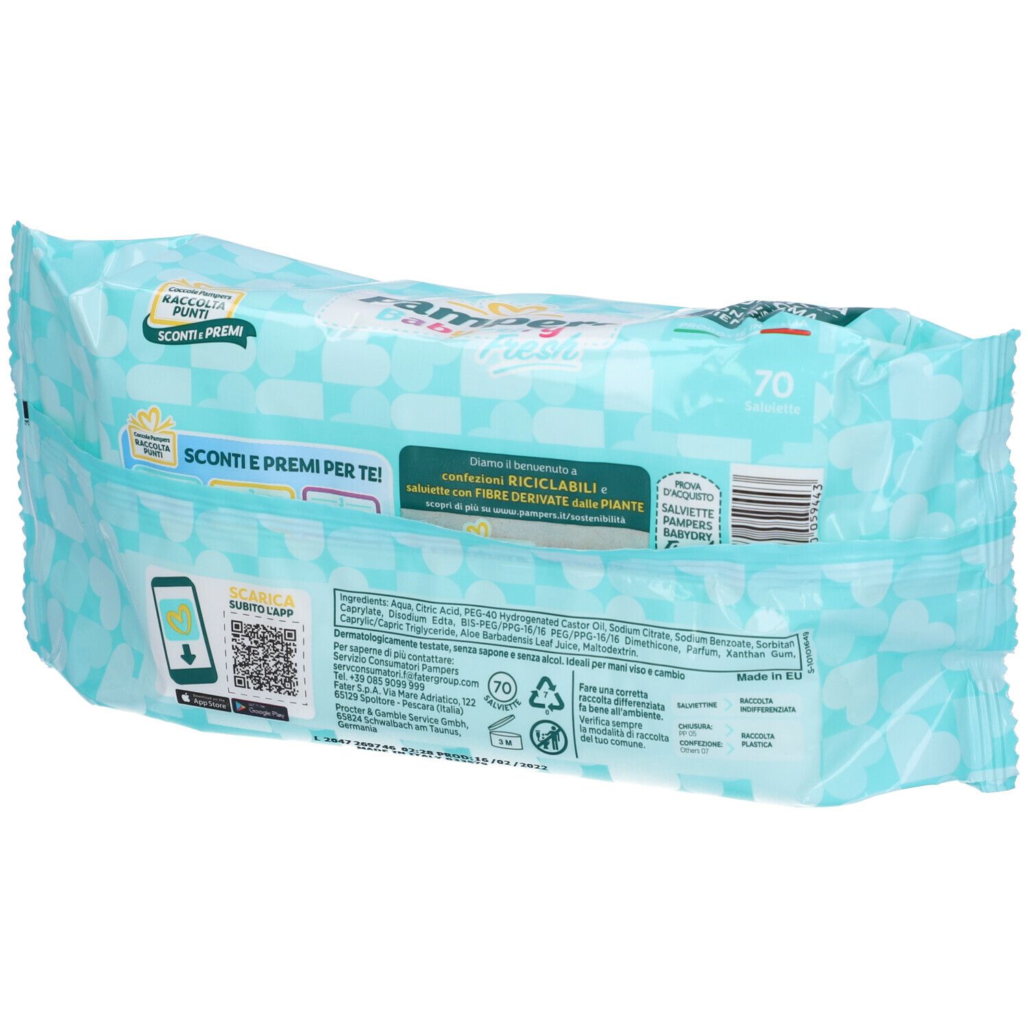 Rückseite der Pampers Baby-dry Feuchttücher-Packung. Türkis-weißes Design. Enthält 70 Tücher. Text: Inhaltsstoffe, Recycling-Informationen.