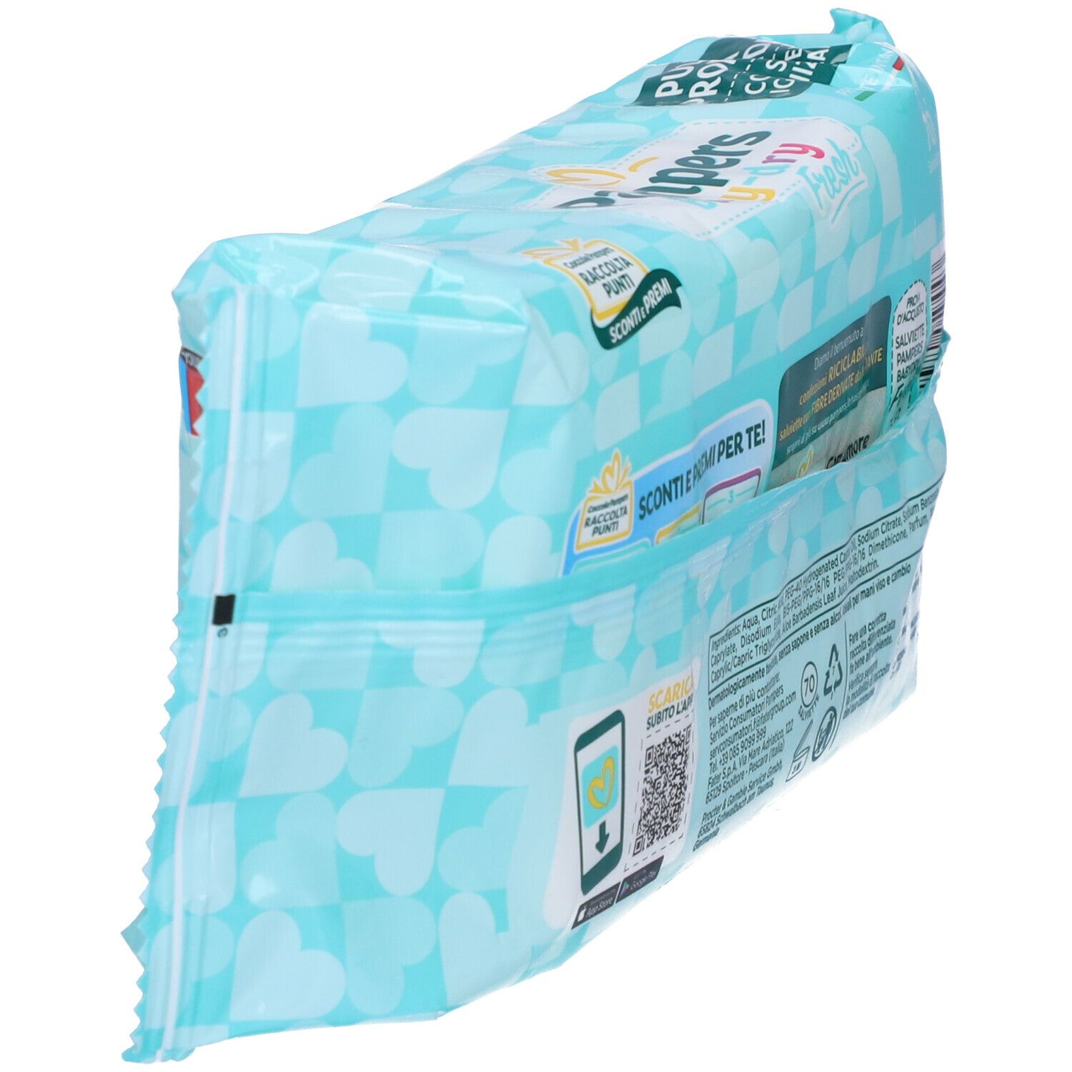 Rückseite der Pampers Baby-dry Feuchttücher-Packung. Türkis-weißes Design. Enthält 70 Tücher. Ansicht: schräg von oben.