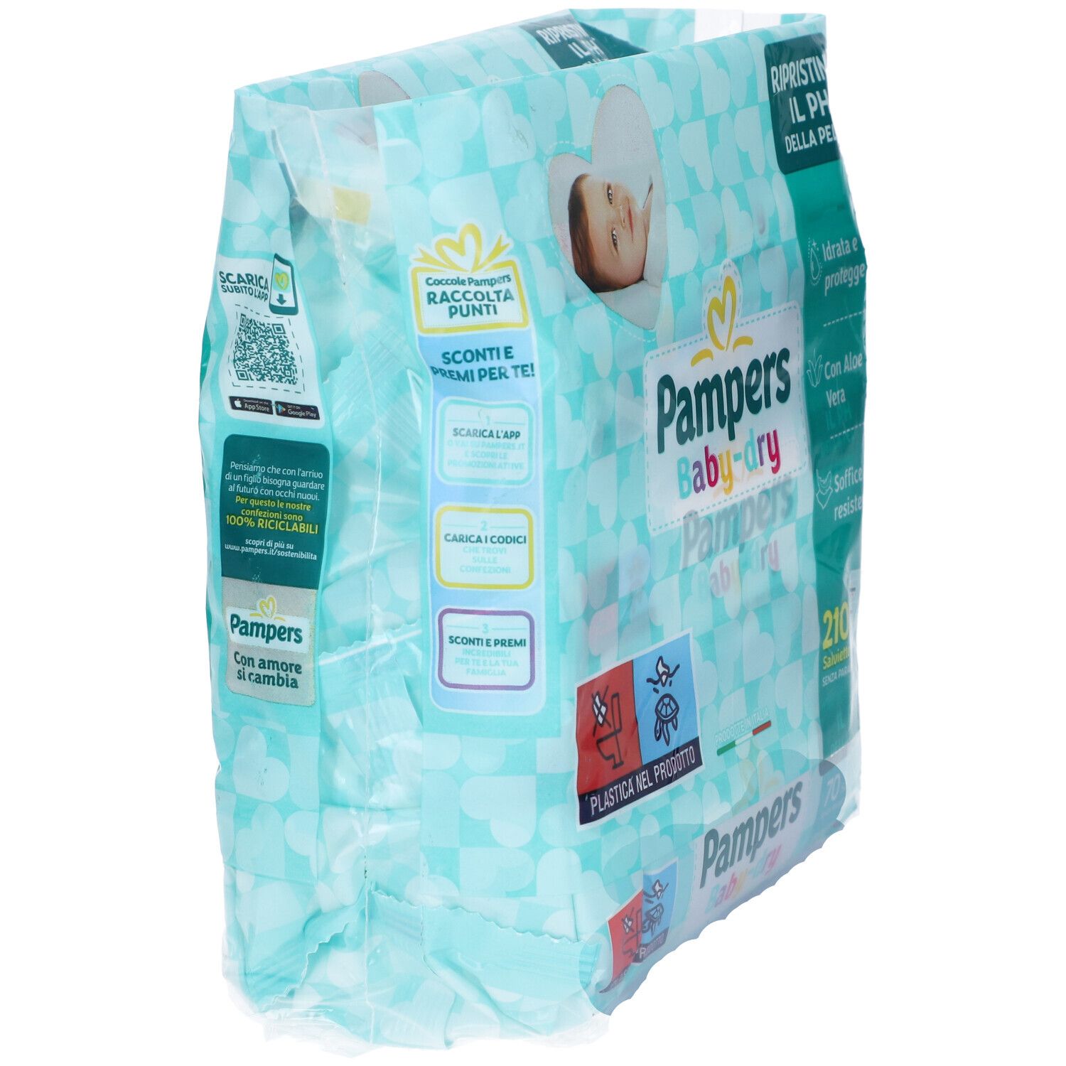 Packung Pampers Baby-Dry Windeln, 210 Stück. Hellblaue Verpackung mit Herzmuster und Babybild.
