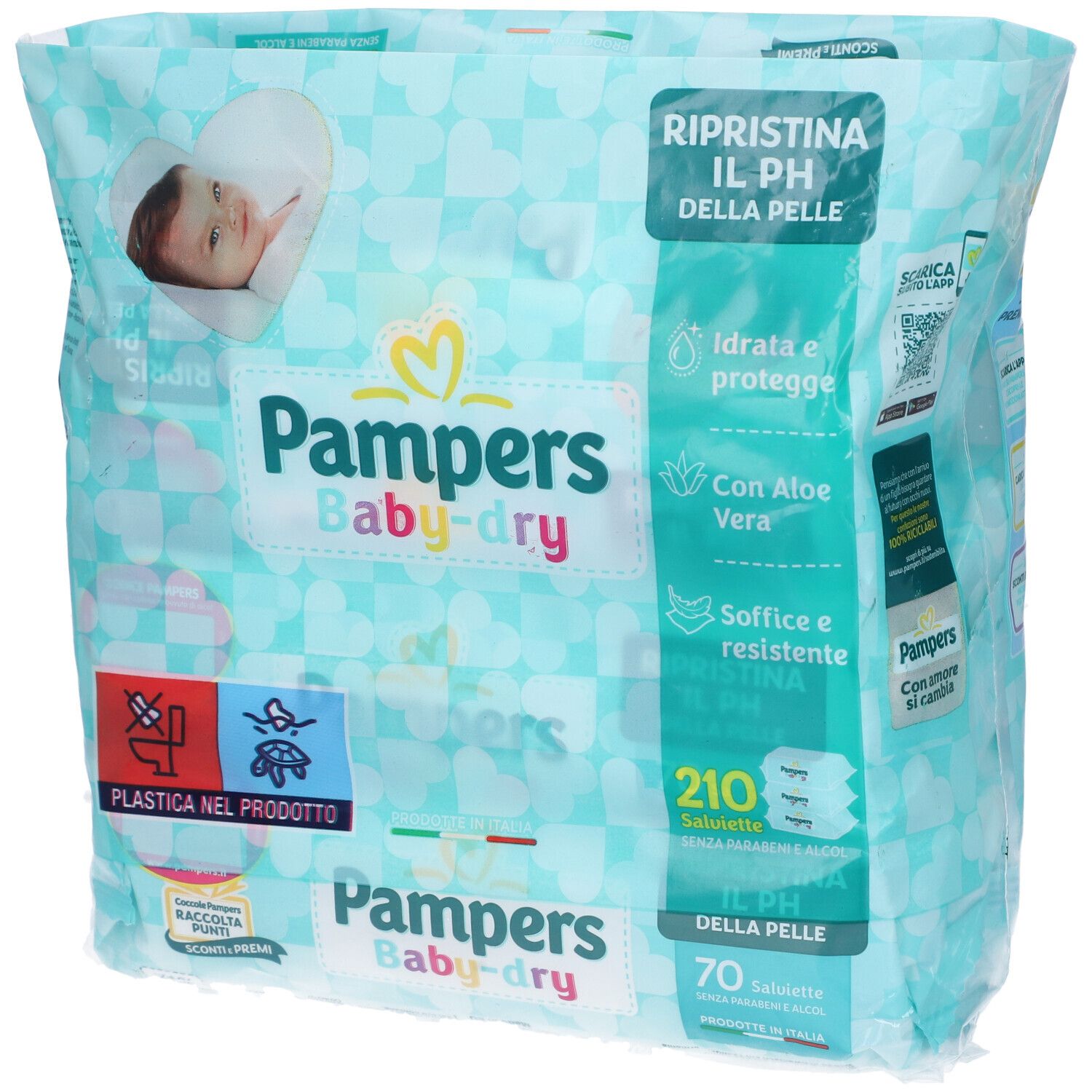 Pampers Baby-dry Feuchttücher-Packung mit Baby-Motiv. Enthält 210 Tücher.