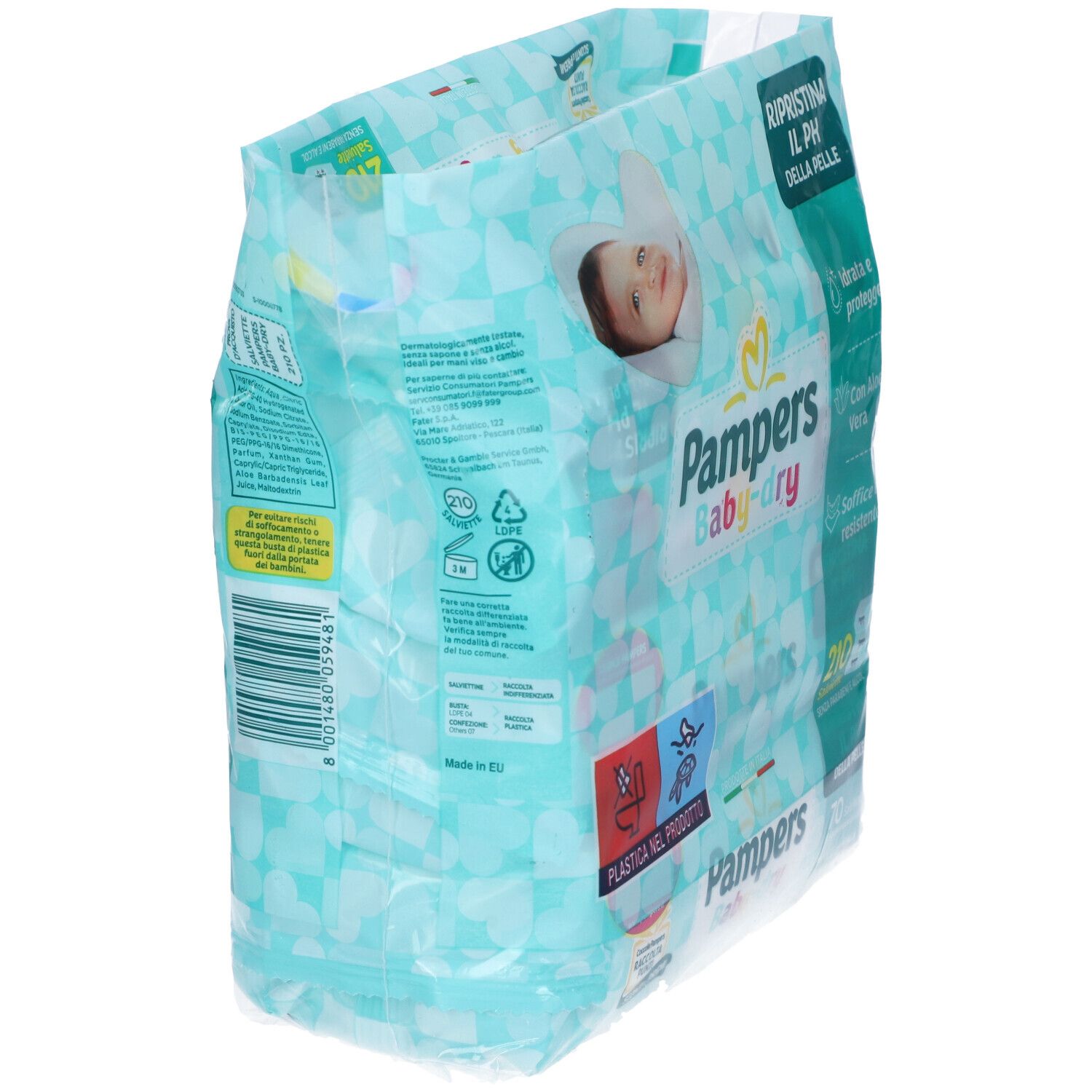 Pampers Baby-Dry Windelpaket mit Baby-Motiv und Produktinformationen.