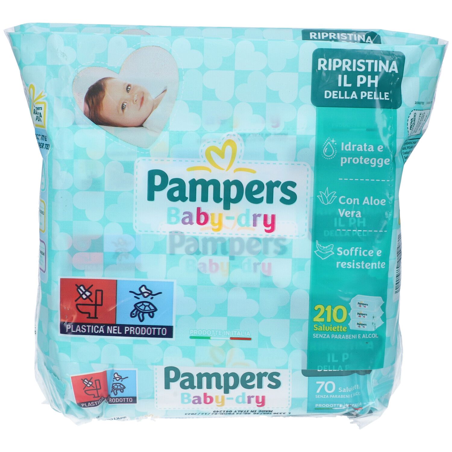 Pampers Baby-dry Feuchttücher-Packung mit Baby-Motiv und Produktinformationen.