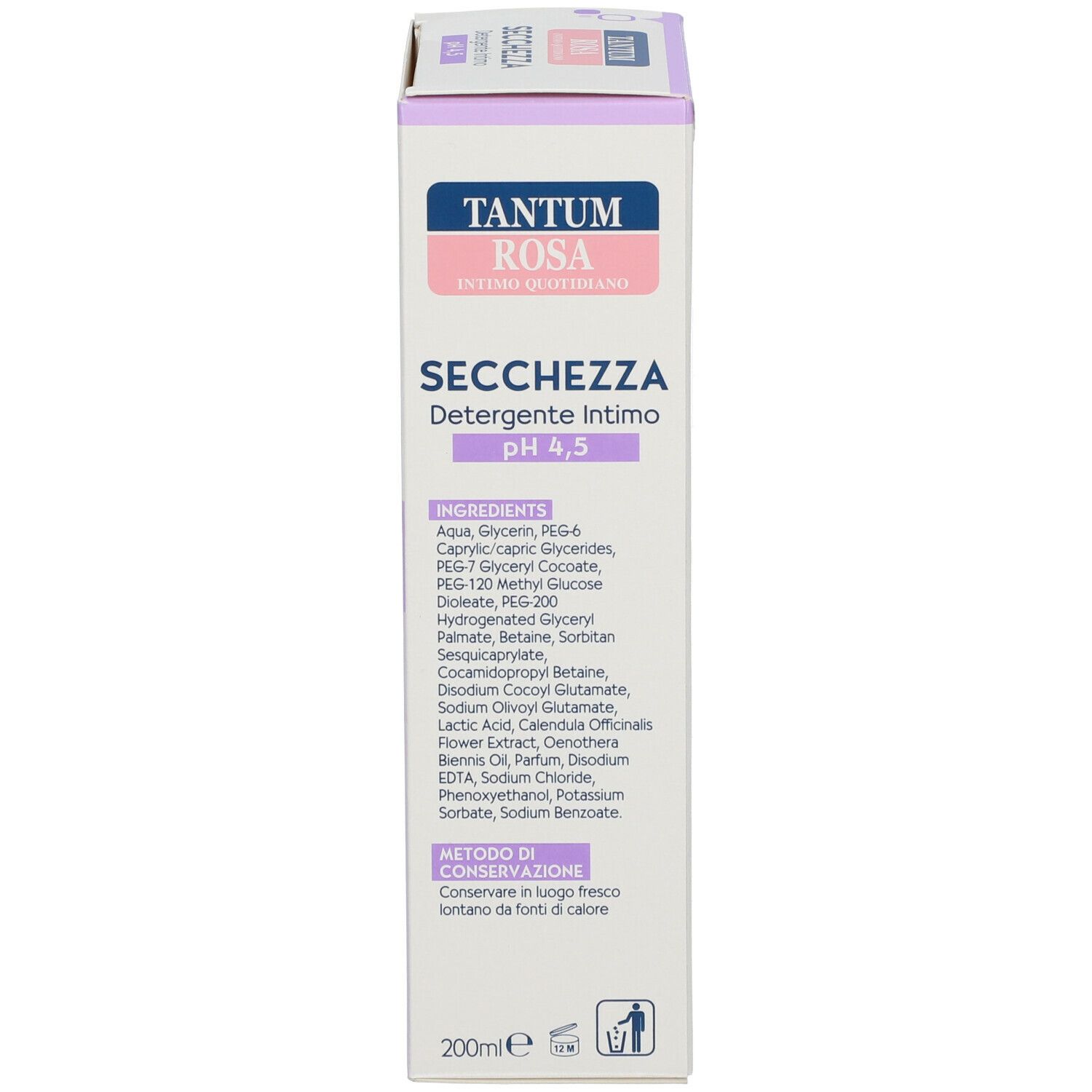 Scatola. Scritta: Tantum Rosa, Secchezza, pH 4,5. Ingredienti. 200ml. Istruzioni per la conservazione.