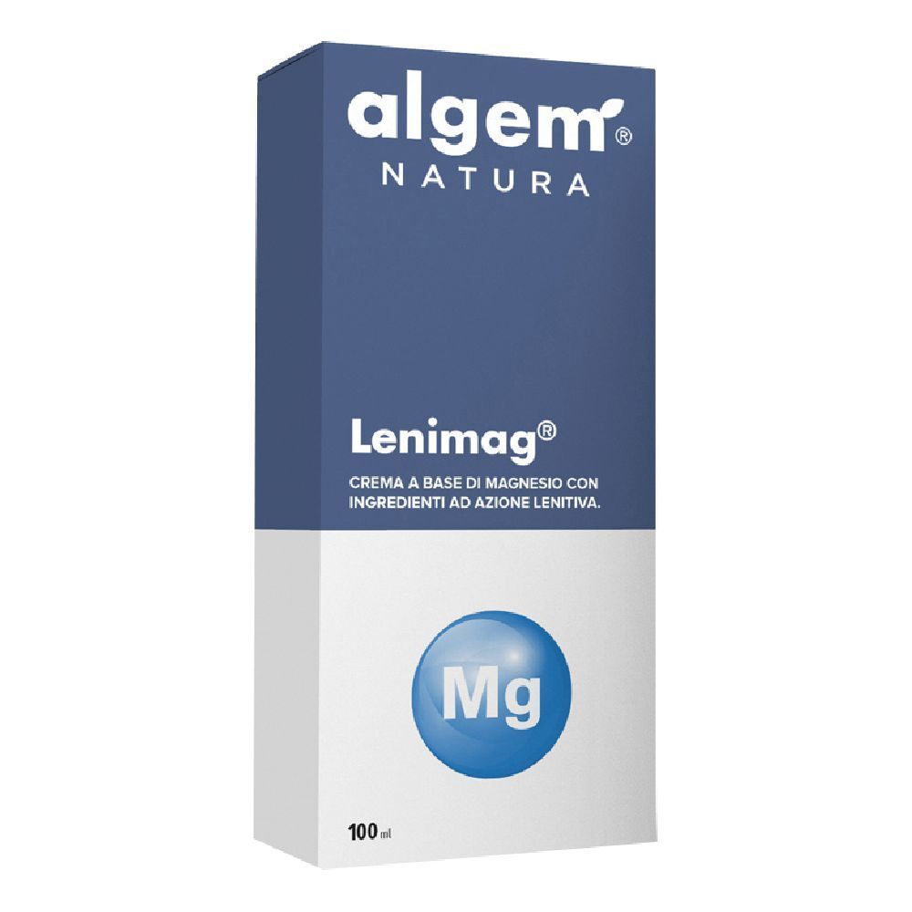 Scatola blu e bianca con nome del prodotto e simbolo Mg. Testo: Algem Natura Lenimag Crema. 100 ml.