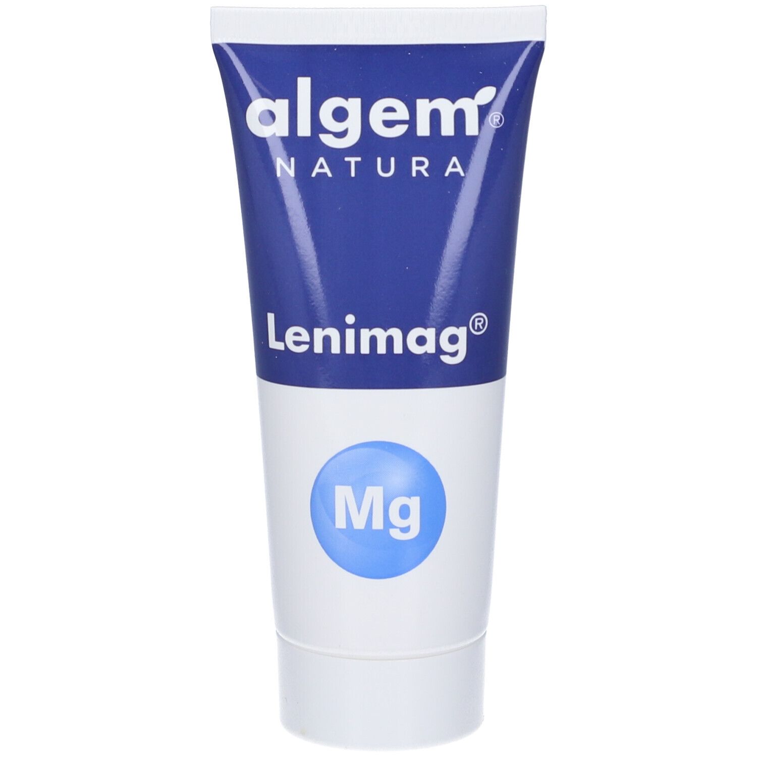 Tubo blu e bianco con nome del prodotto e simbolo Mg. Testo: Algem Natura Lenimag. Tubo.