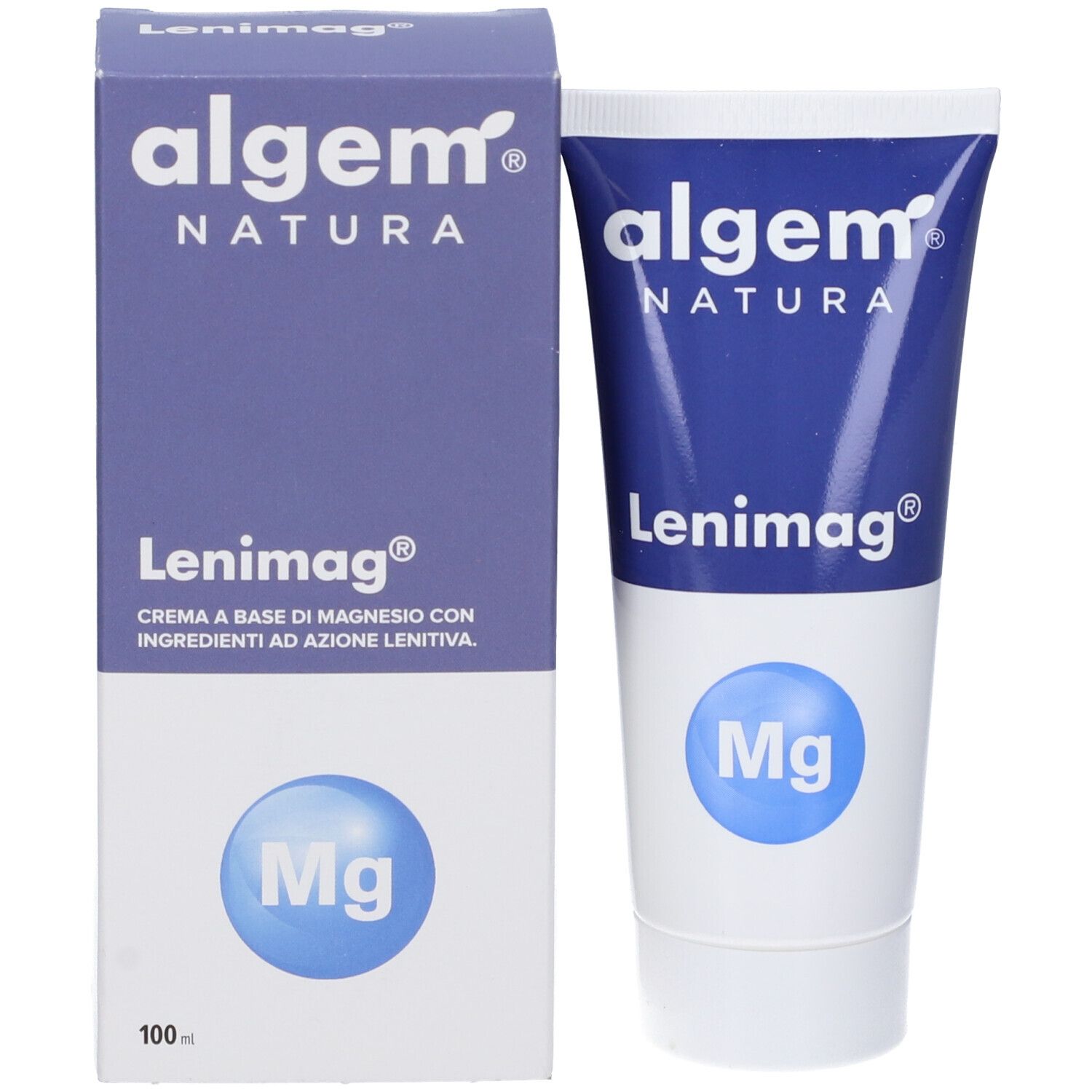 Prodotto e confezione affiancati. Tubo e scatola blu e bianca. Testo: Algem Natura Lenimag.