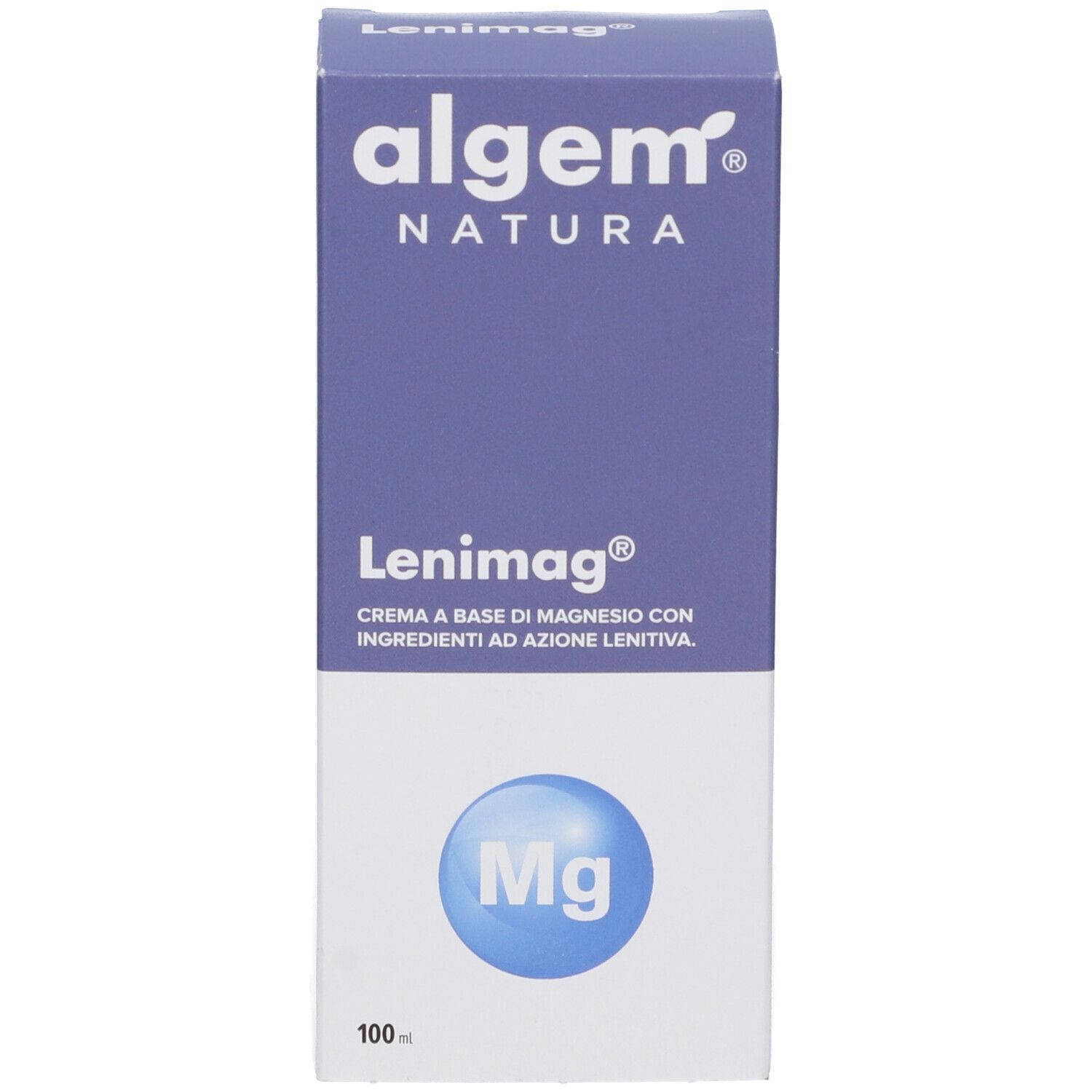 Scatola con nome del prodotto e simbolo Mg. Testo: Algem Natura Lenimag Crema. 100 ml.