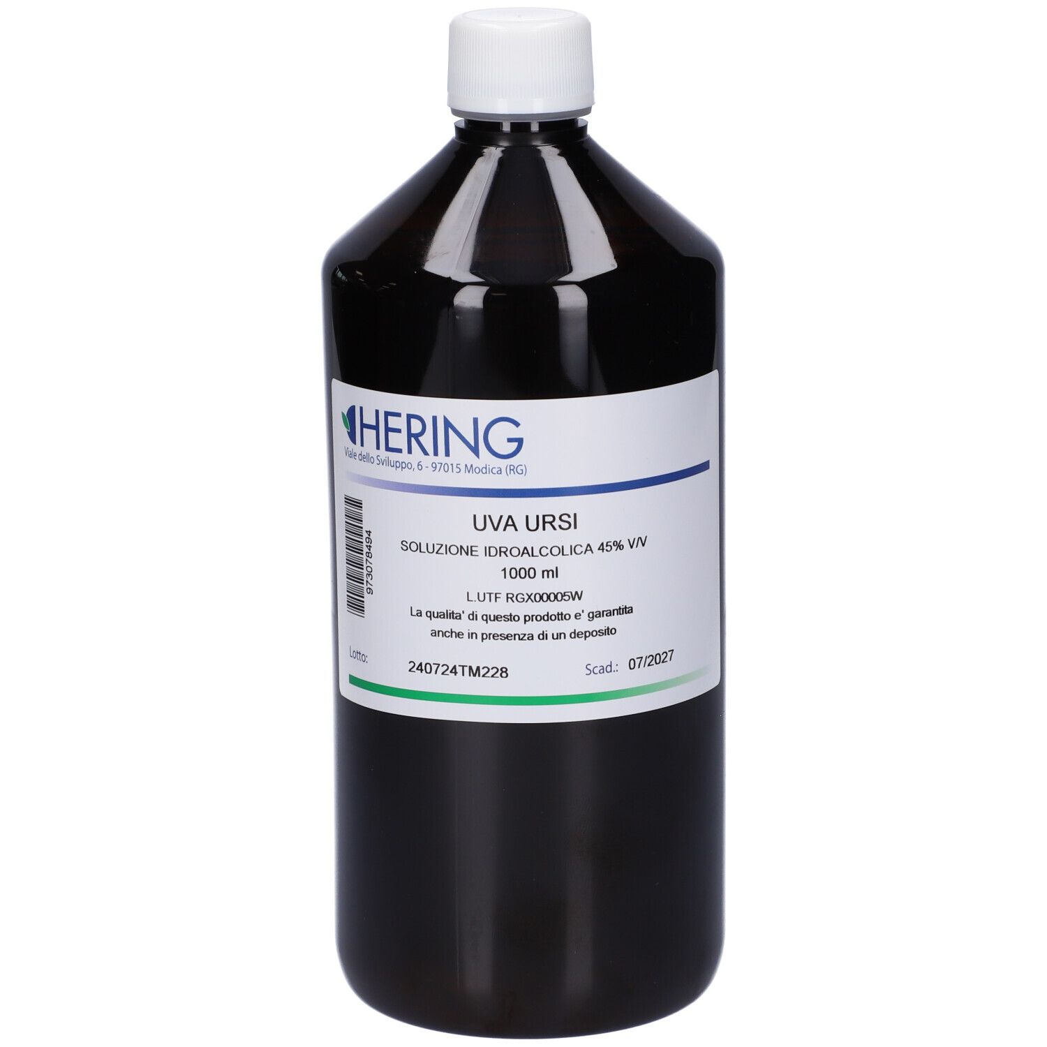 Flacone marrone con tappo bianco. Etichetta con testo: HERING, Uva Ursi, soluzione, 1000 ml.