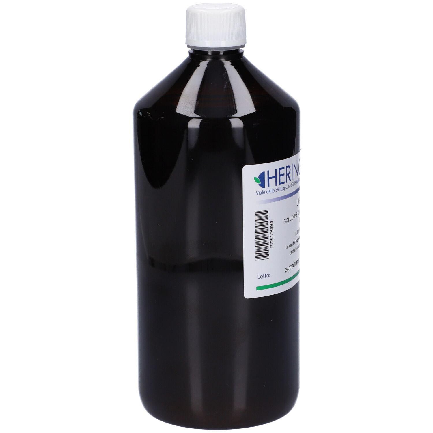 Flacone marrone con tappo bianco. Etichetta con testo: HERING, Uva Ursi, soluzione, 1000 ml.