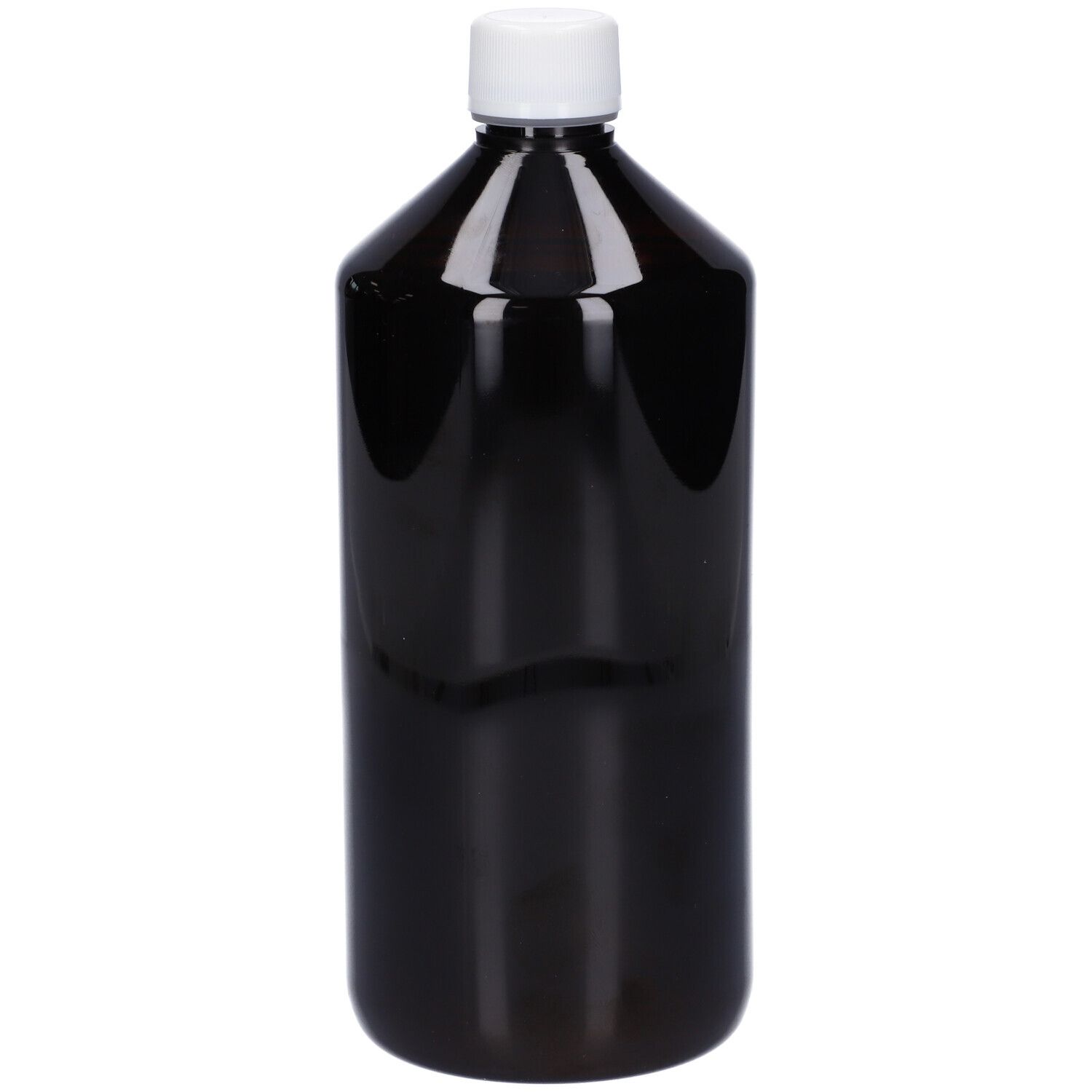 Flacone marrone con tappo bianco. Nessuna informazione sull'etichetta visibile.
