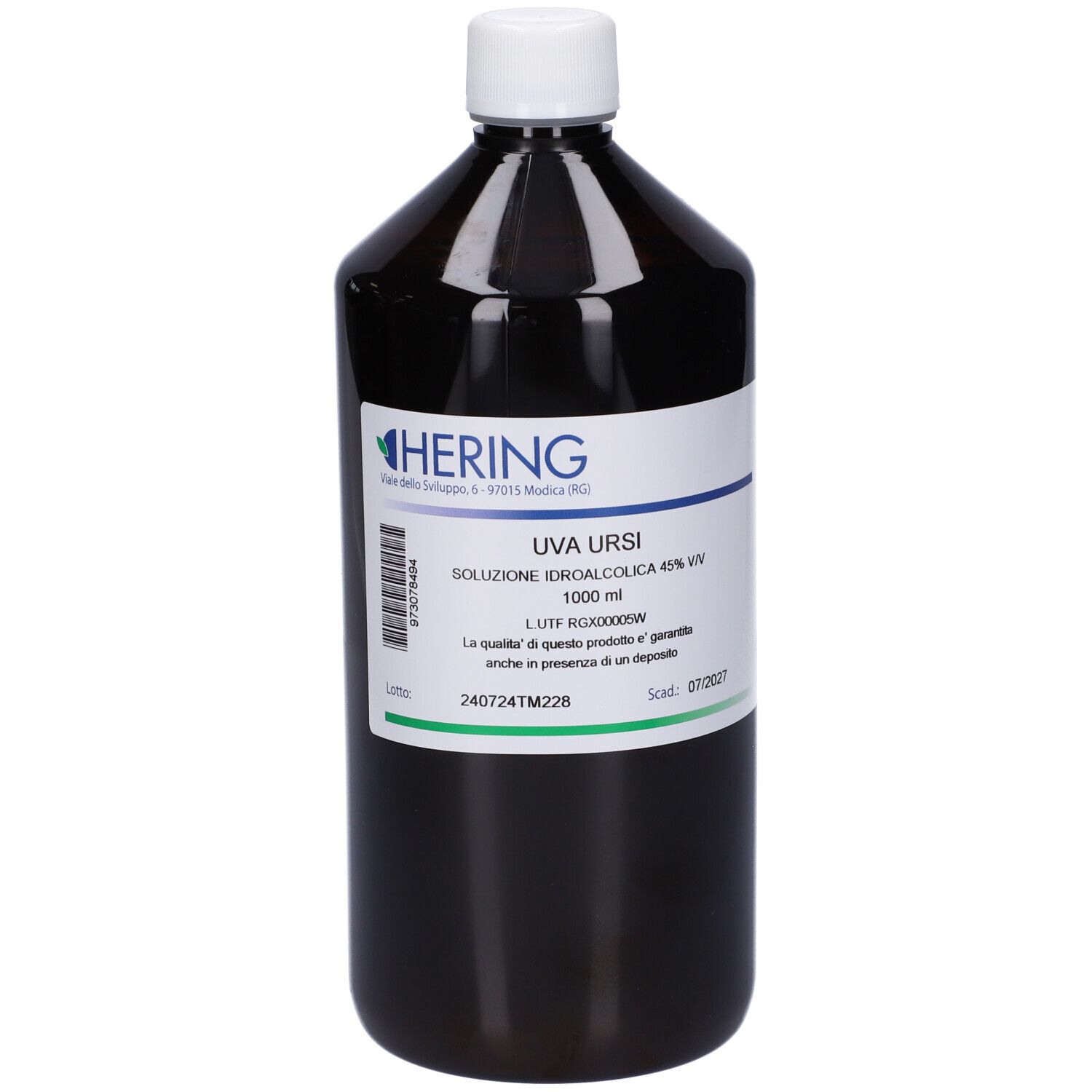 Flacone marrone con tappo bianco. Etichetta con testo: HERING, Uva Ursi, soluzione, 1000 ml.