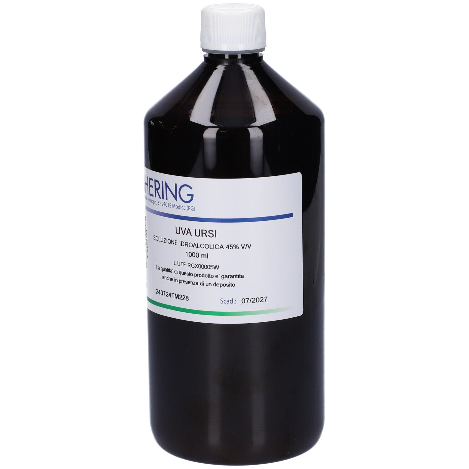 Flacone marrone con tappo bianco. Etichetta con testo: HERING, Uva Ursi, soluzione, 1000 ml.