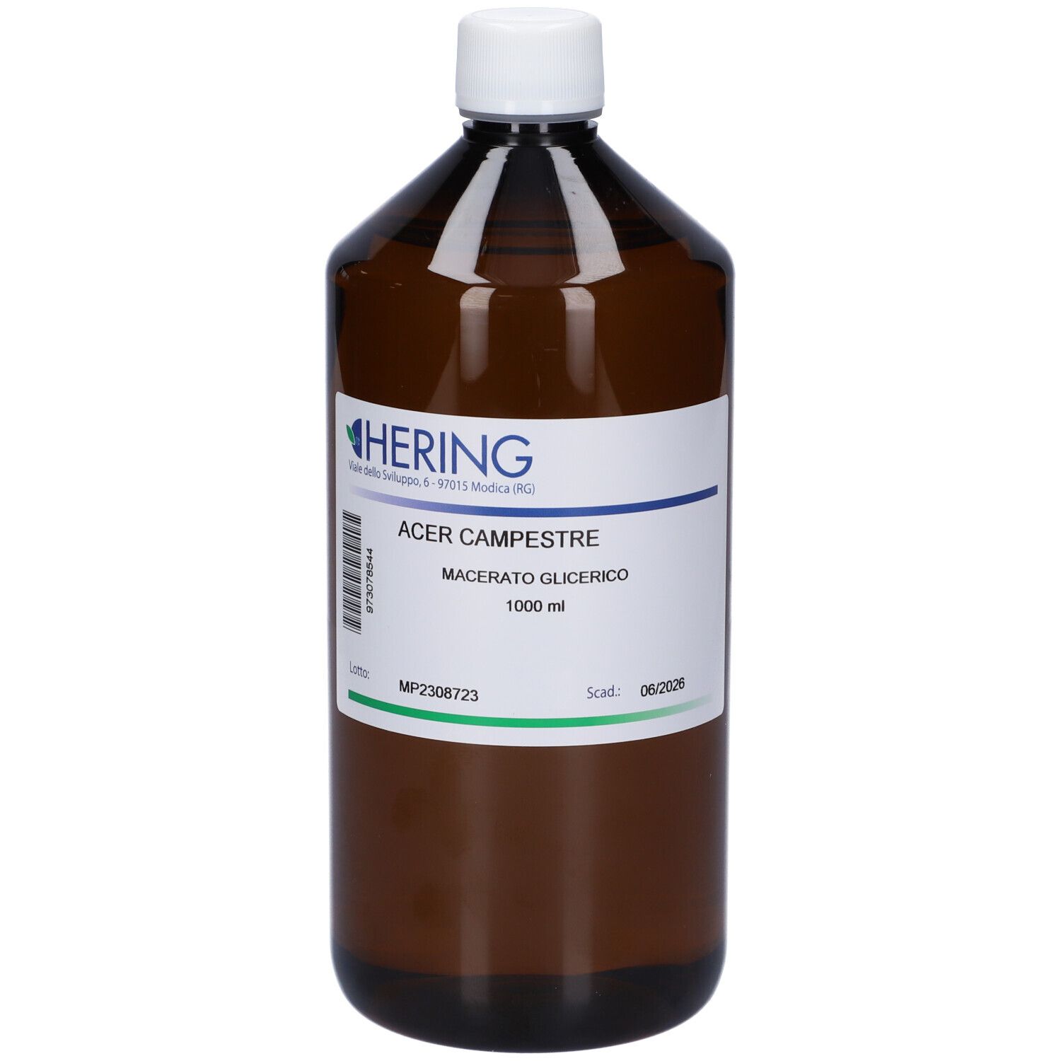 Bottiglia marrone con tappo bianco ed etichetta. Scritta: HERING, Acer Campestre Macerato Glicerico, 1000 ml.