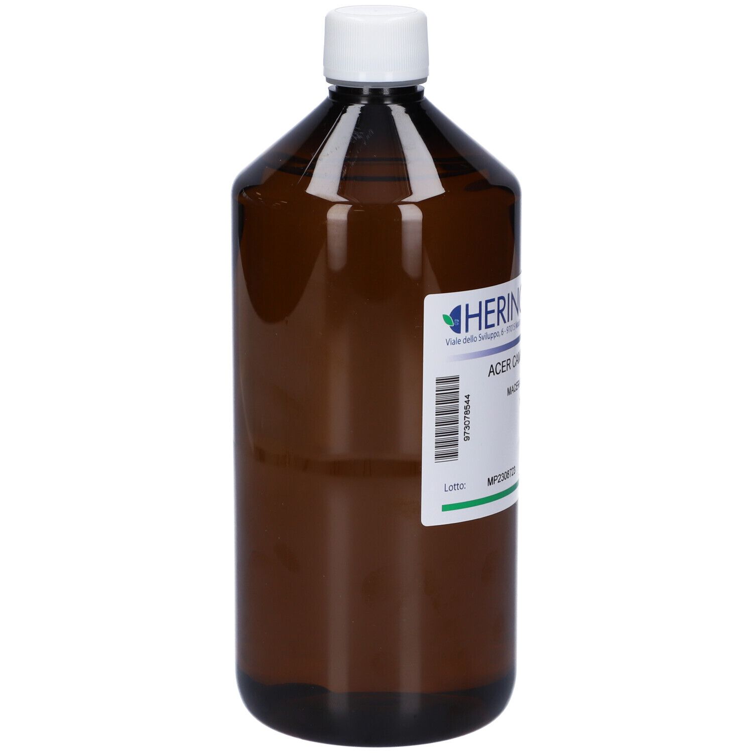 Bottiglia marrone con tappo bianco ed etichetta. Scritta: HERING, Acer Campestre Macerato Glicerico.