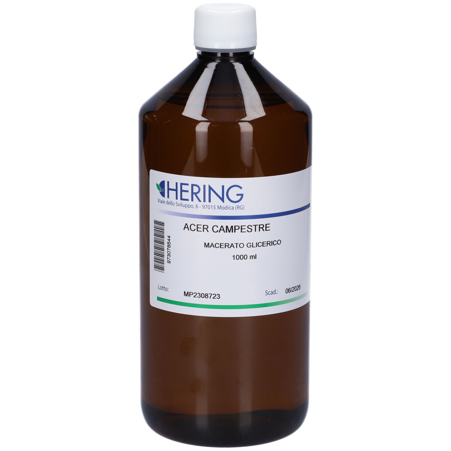 Bottiglia marrone con tappo bianco ed etichetta. Scritta: HERING, Acer Campestre Macerato Glicerico, 1000 ml.