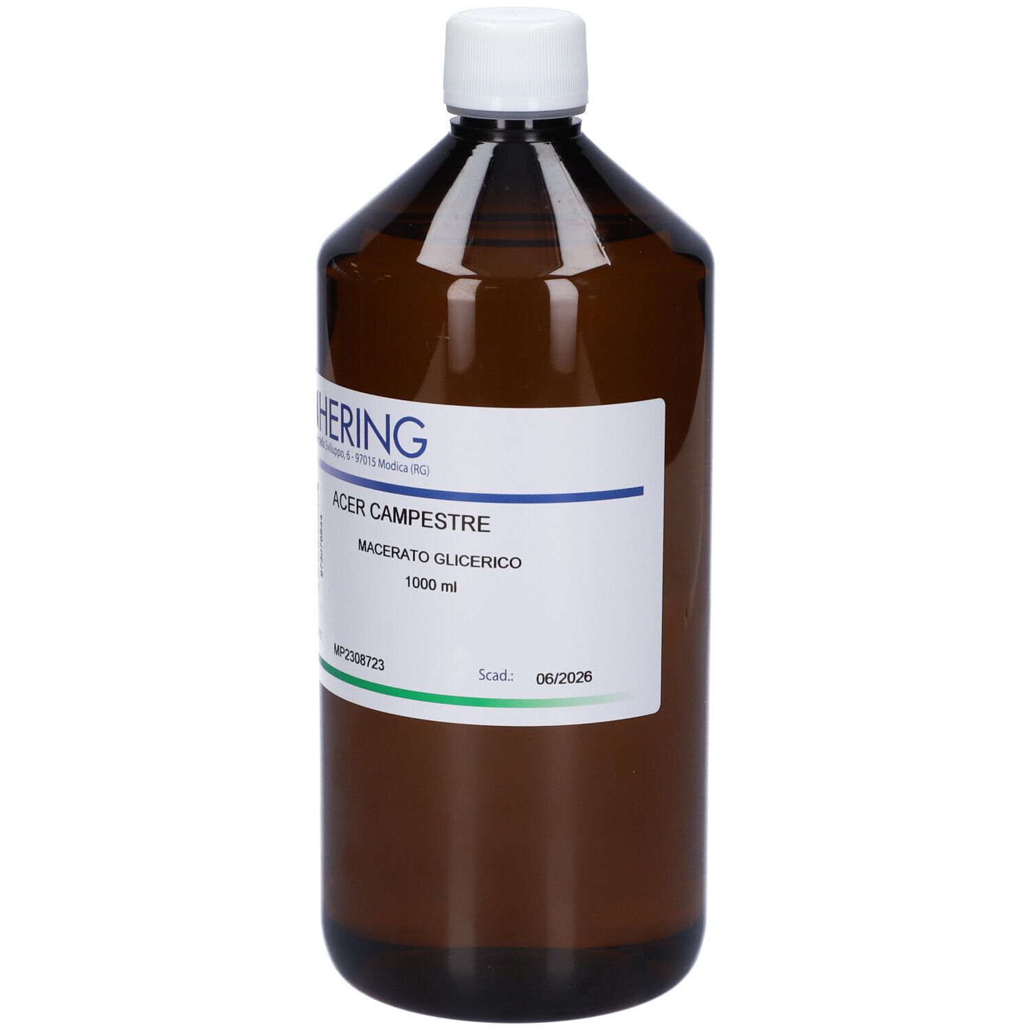 Bottiglia marrone con tappo bianco ed etichetta. Scritta: HERING, Acer Campestre Macerato Glicerico, 1000 ml.