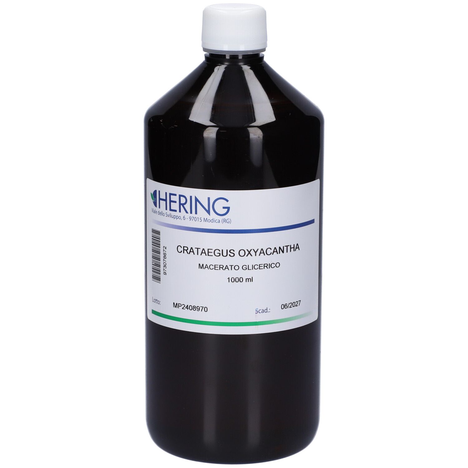 Flacone marrone con tappo bianco ed etichetta. Scritta: HERING, Crataegus Oxyacantha Macerato Glicerico.
