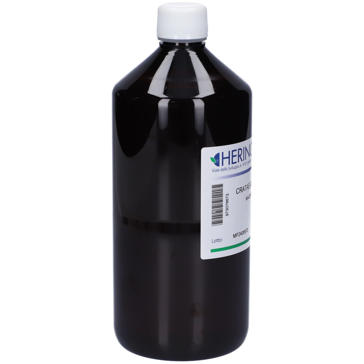 Flacone marrone con tappo bianco. Scritta sull'etichetta: HERING, Crataegus Oxyacantha Macerato Glicerico.