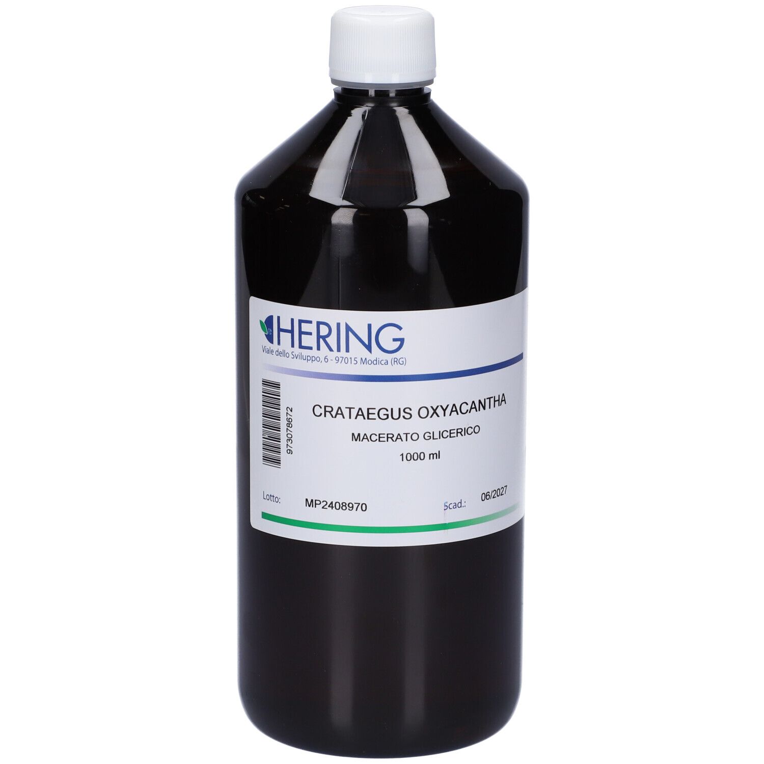 Flacone marrone con tappo bianco ed etichetta. Scritta: HERING, Crataegus Oxyacantha Macerato Glicerico.