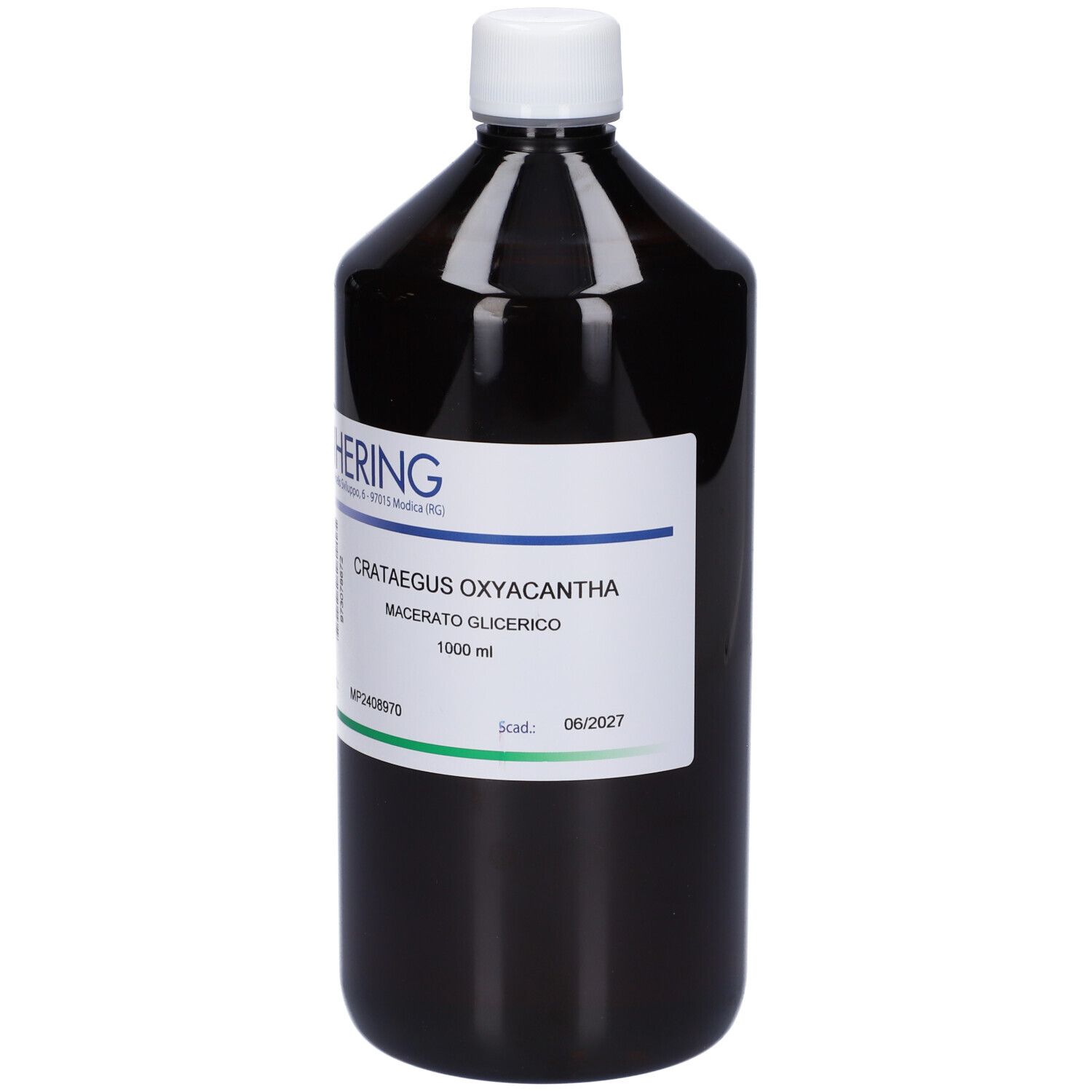 Flacone marrone con tappo bianco ed etichetta. Scritta: HERING, Crataegus Oxyacantha Macerato Glicerico.