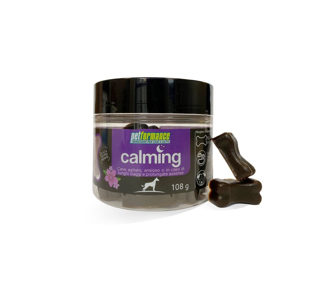 Pot de friandises en forme d'os, Petformance Calming. Contient 108 g. Deux friandises à côté.