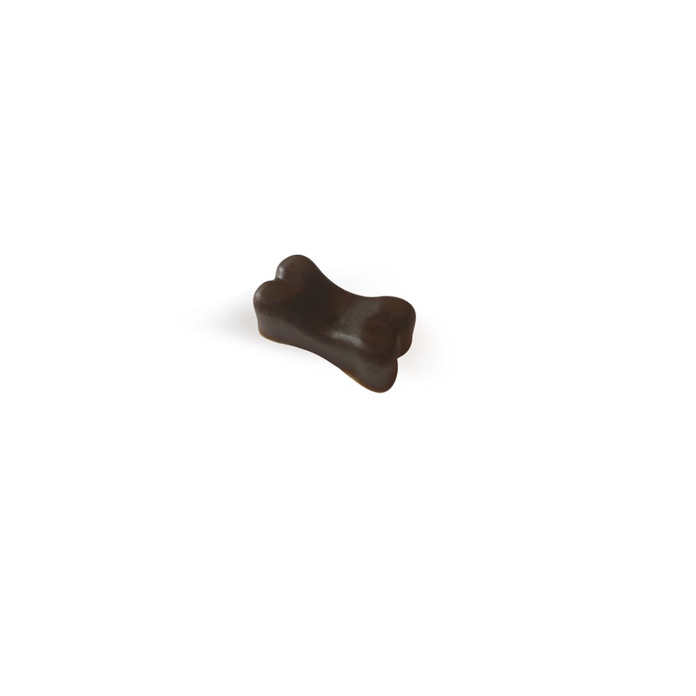 Friandise en forme d'os, marron. Sur fond blanc.