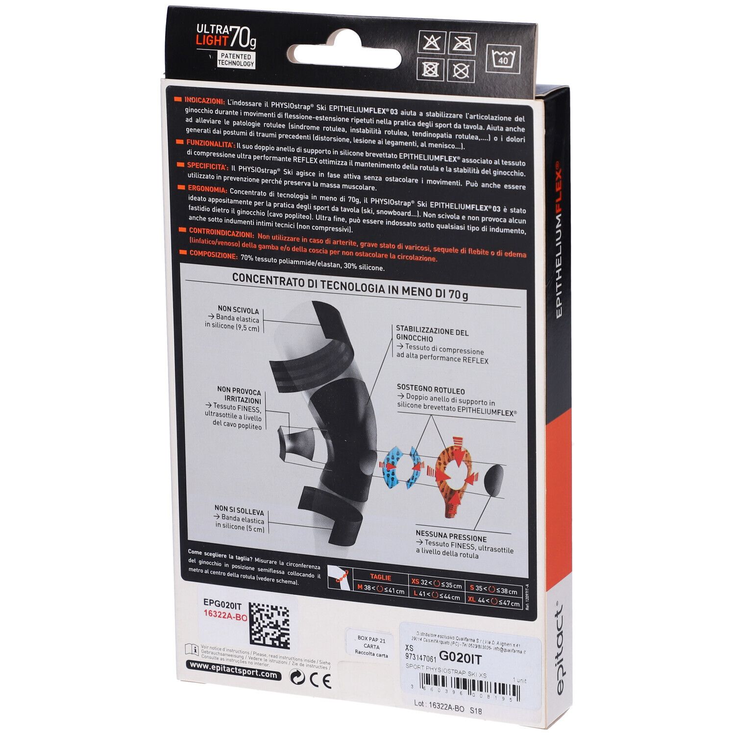 Rückseite der Epitact Sport Ginocchiera Physiostrap® Ski Verpackung. Text und Produktabbildung. Logo sichtbar.
