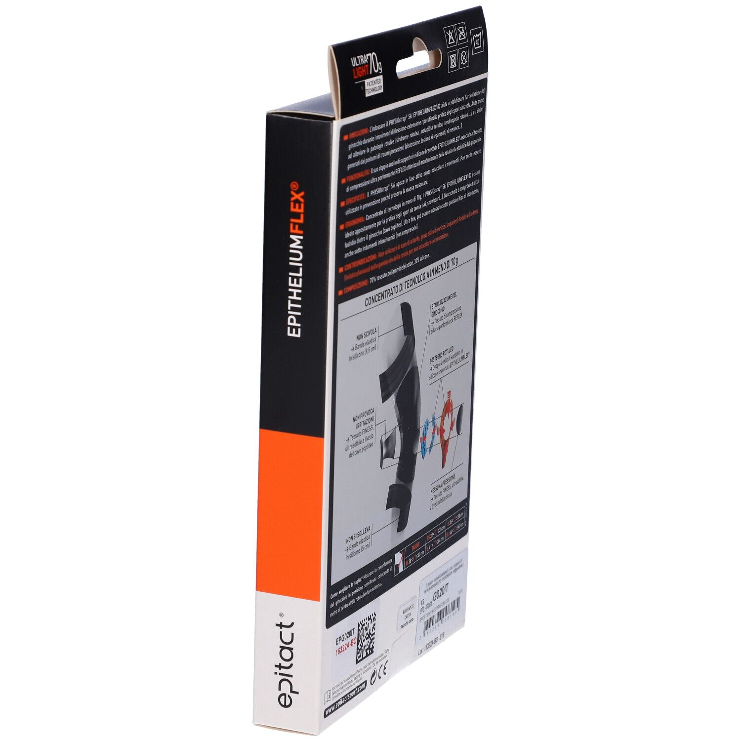 Seitenansicht der Epitact Sport Ginocchiera Physiostrap® Ski Verpackung. Text und Produktabbildung. Logo sichtbar.