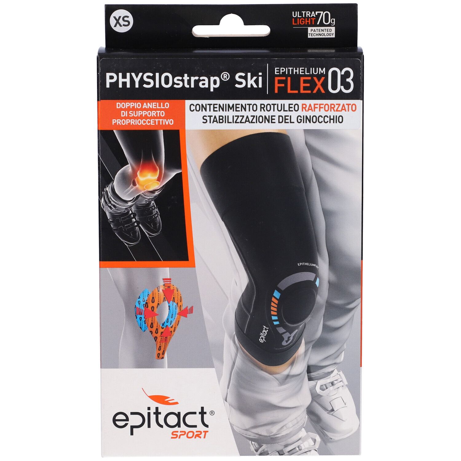 Epitact Sport Ginocchiera Physiostrap® Ski, XS. Schwarze Kniebandage in Verpackung. Produktname und Logo sichtbar.