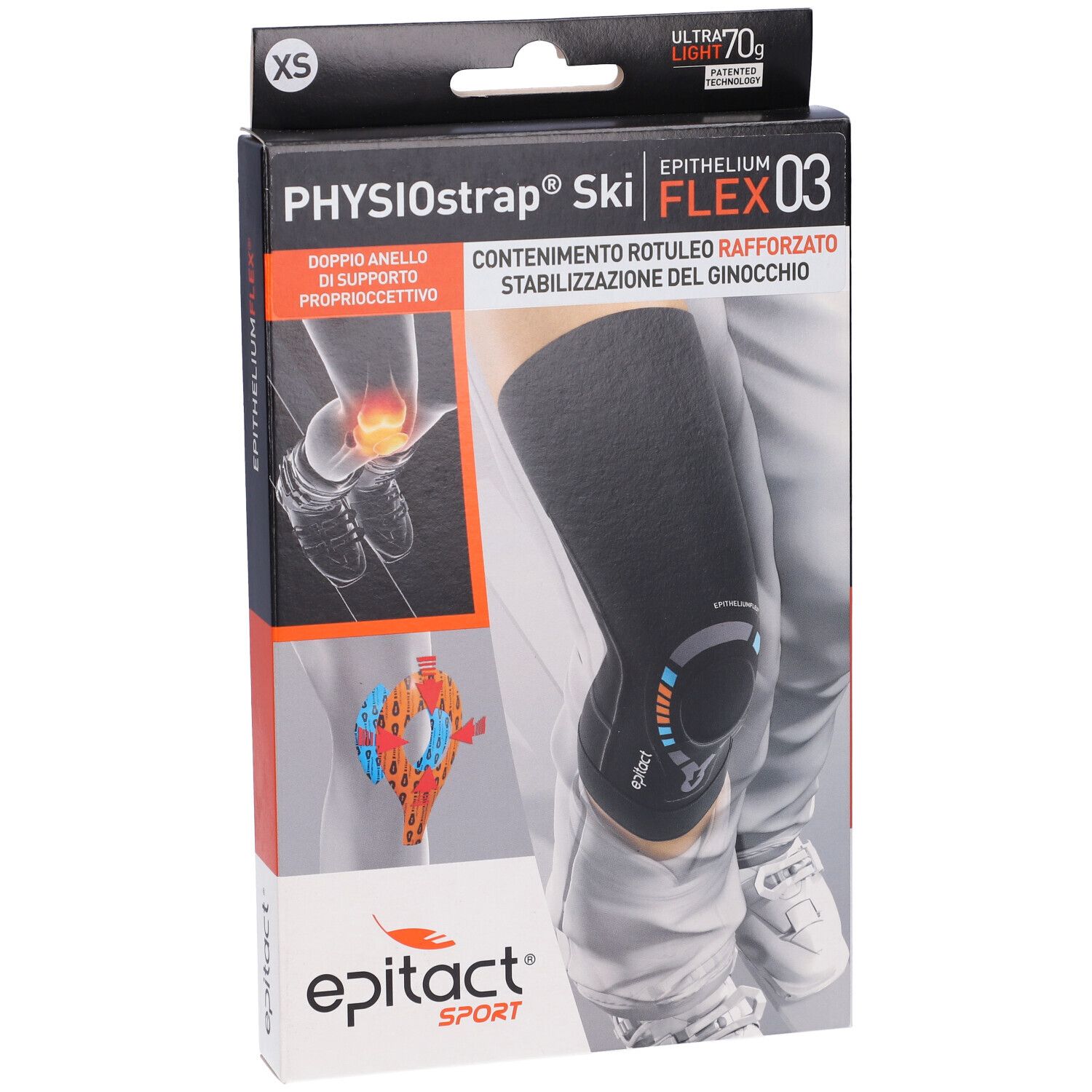 Epitact Sport Ginocchiera Physiostrap® Ski, XS. Schwarze Kniebandage in Verpackung. Produktname und Logo sichtbar.