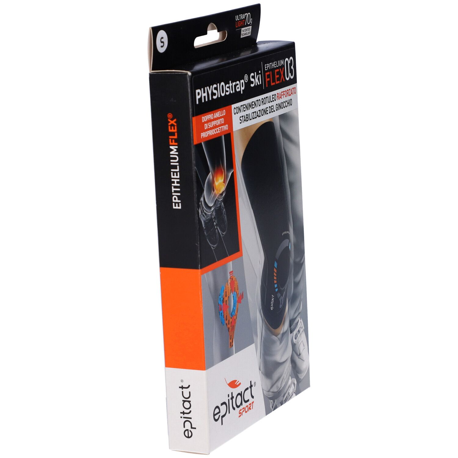 Verpackung Epitact Sport Physiostr Ski S. Seitenansicht. Text: PHYSIOstrap Ski FLEX 03, Epithelium Flex.