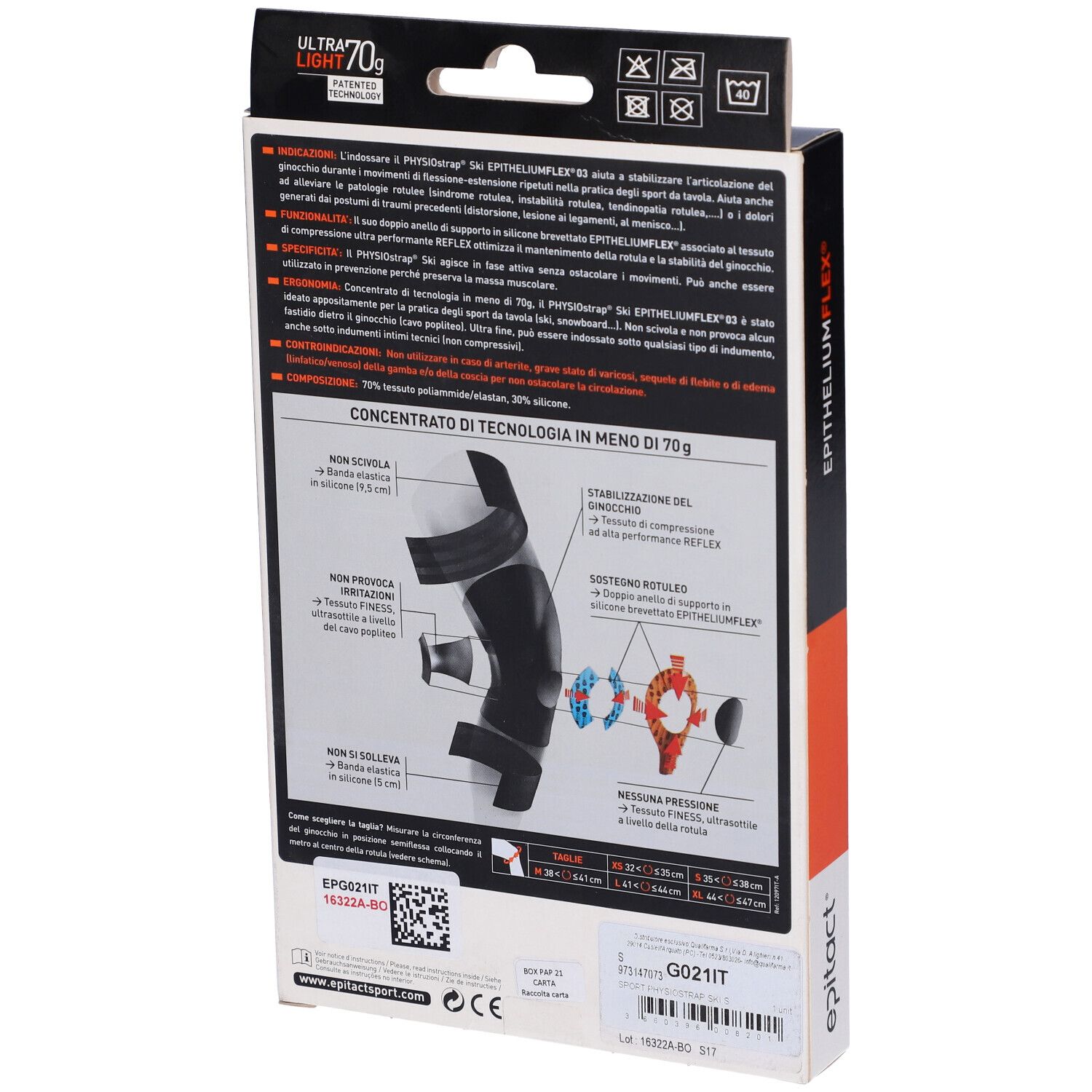 Rückseite der Verpackung Epitact Sport Physiostr Ski S. Produktabbildung und Textinformationen.