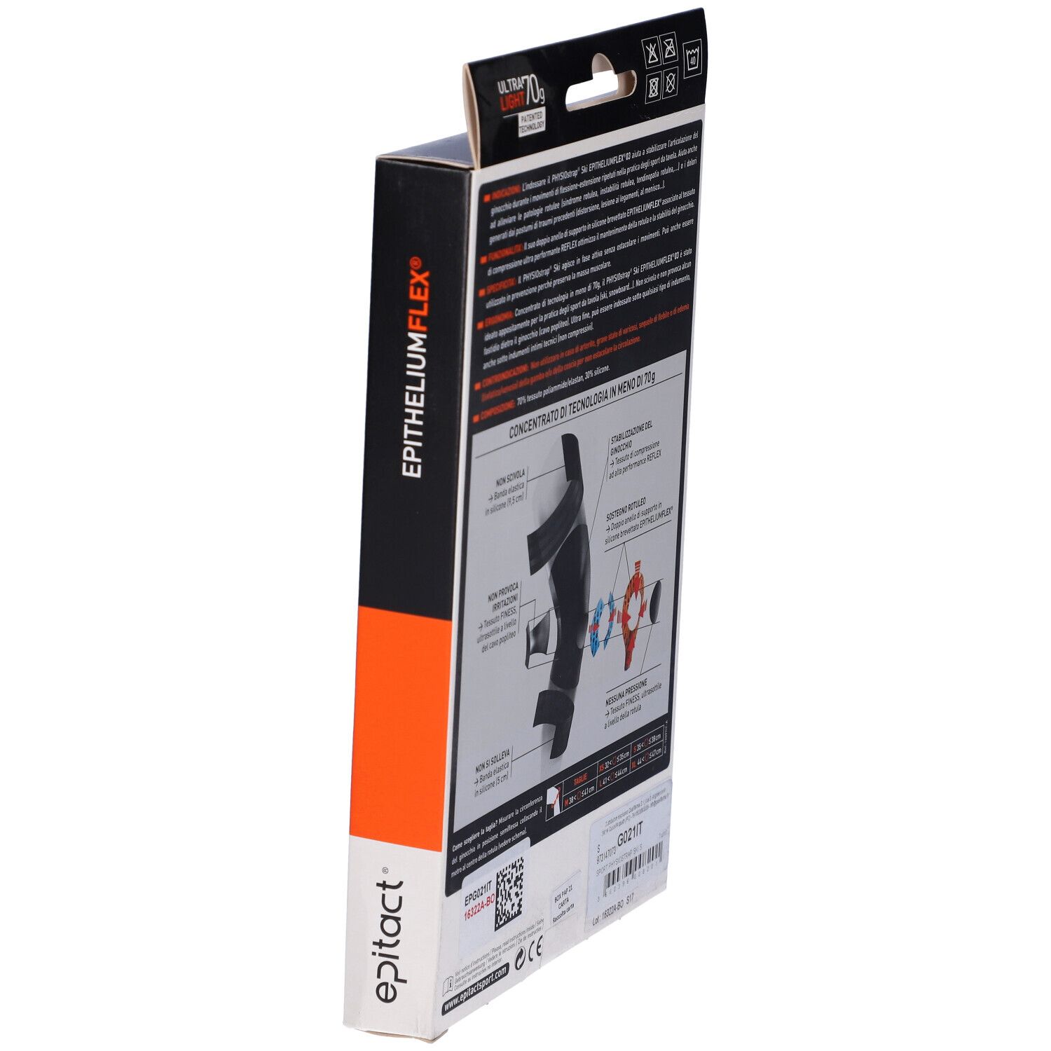 Seitenansicht der Verpackung Epitact Sport Physiostr Ski S. Text: Epithelium Flex, QR-Code.