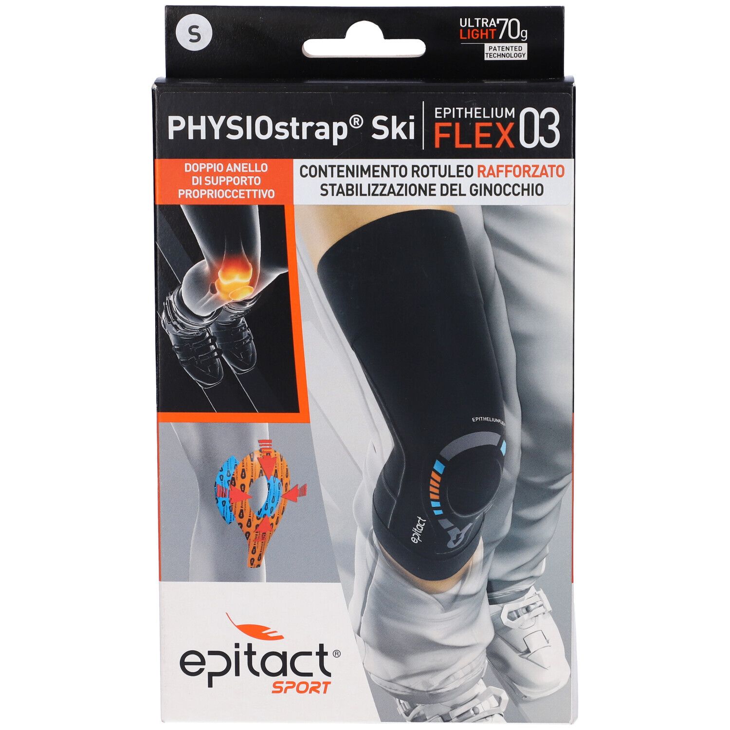 Verpackung Epitact Sport Physiostr Ski S. Kniebandage abgebildet. Text: PHYSIOstrap Ski FLEX 03, Epitact Sport.