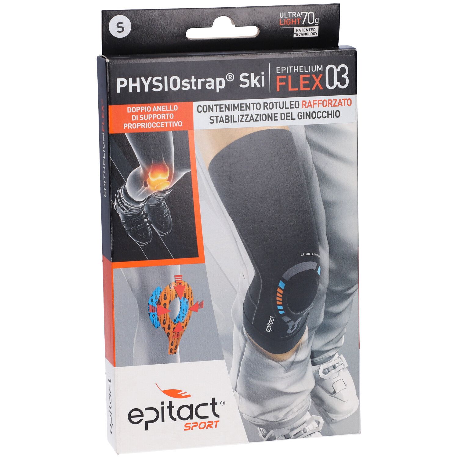 Verpackung Epitact Sport Physiostr Ski S. Kniebandage abgebildet. Text: PHYSIOstrap Ski FLEX 03, Epitact Sport.