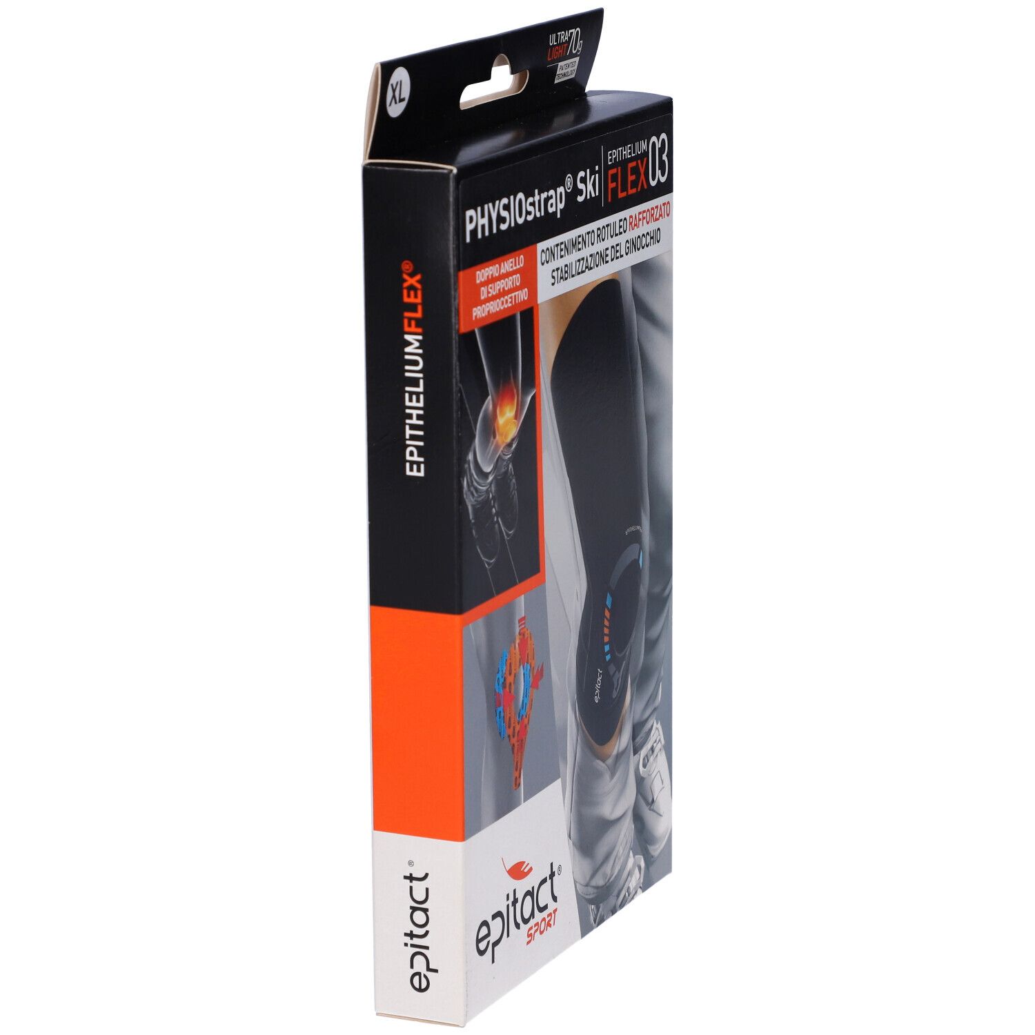 Epitact Sport Ginocchiera Physiostrap® Ski XL Verpackung. Seitenansicht. Schwarze Kniebandage. Marke Epitact.