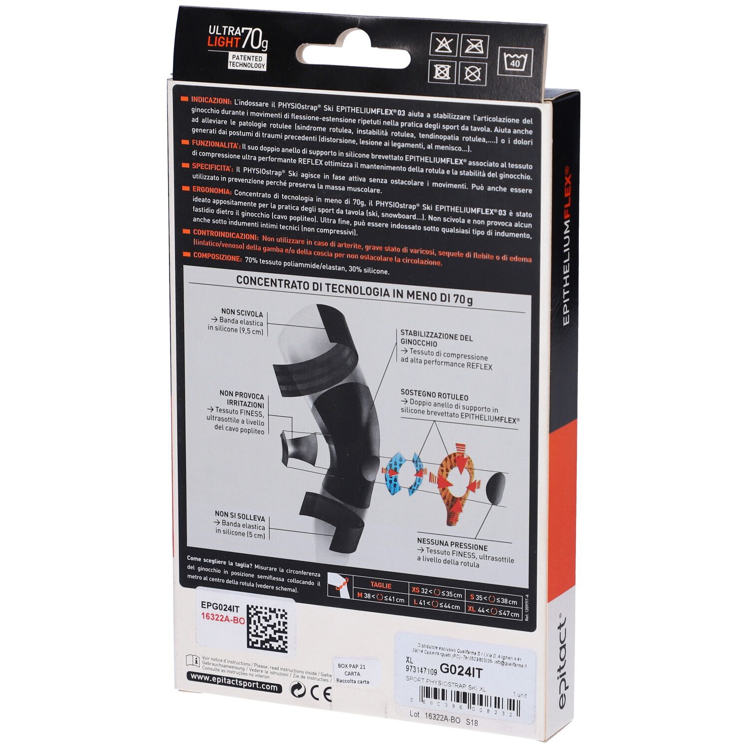 Rückseite der Epitact Sport Ginocchiera Physiostrap® Ski XL Verpackung. Produktinformationen und Illustrationen.