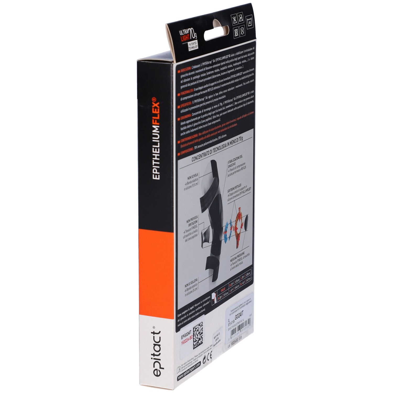 Epitact Sport Ginocchiera Physiostrap® Ski XL Verpackung. Seitenansicht mit Produktinformationen und Illustrationen.