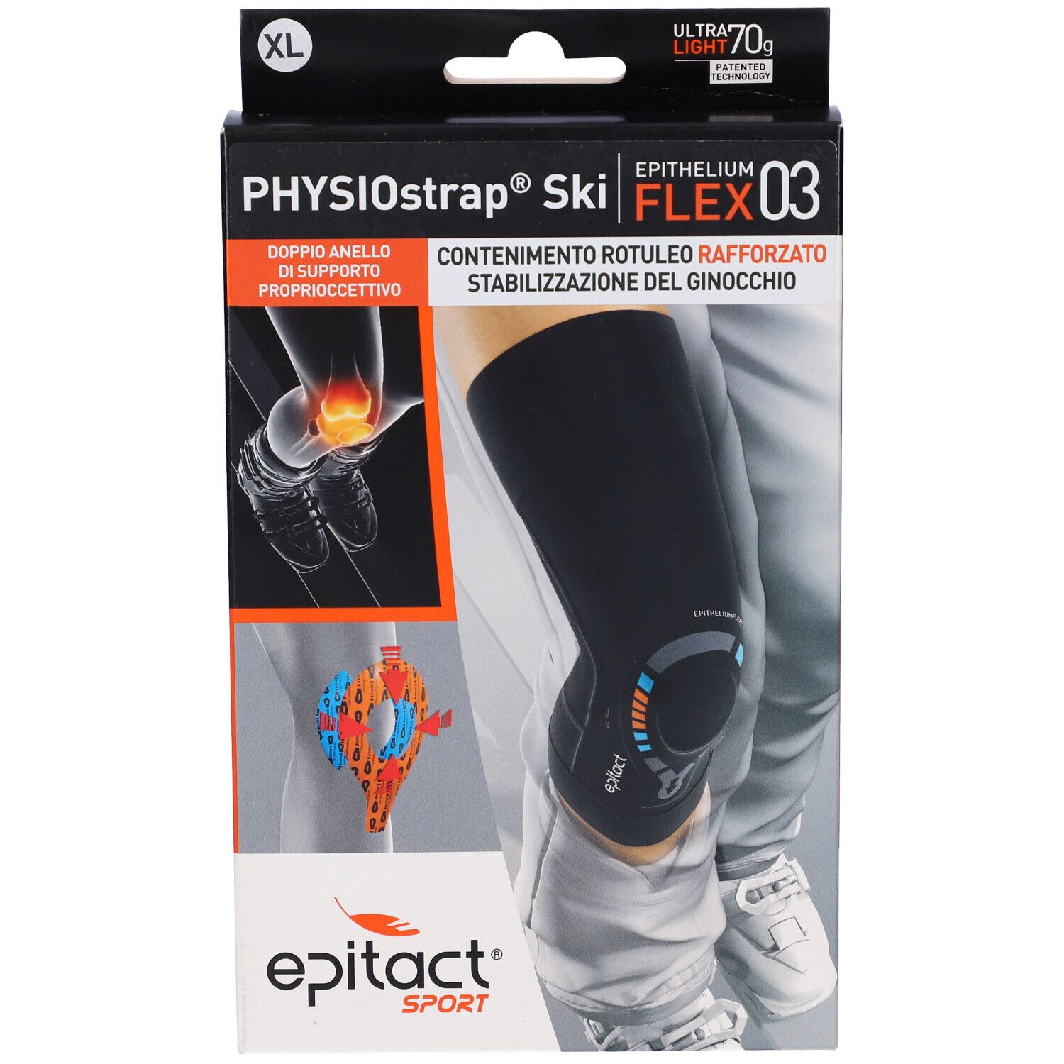 Epitact Sport Ginocchiera Physiostrap® Ski XL Verpackung. Schwarze Kniebandage abgebildet. XL-Größe.