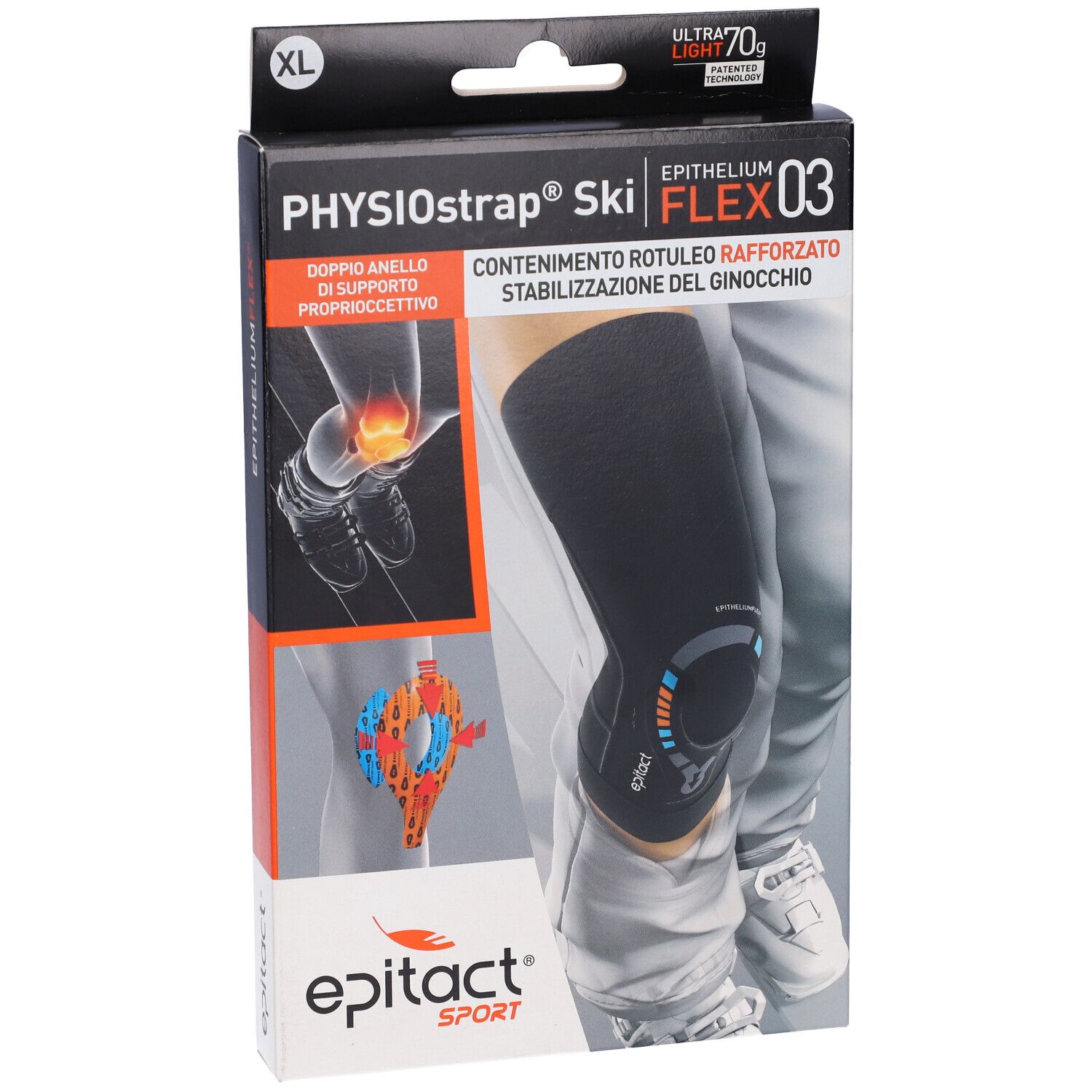 Epitact Sport Ginocchiera Physiostrap® Ski XL Verpackung. Schwarze Kniebandage abgebildet. XL-Größe.