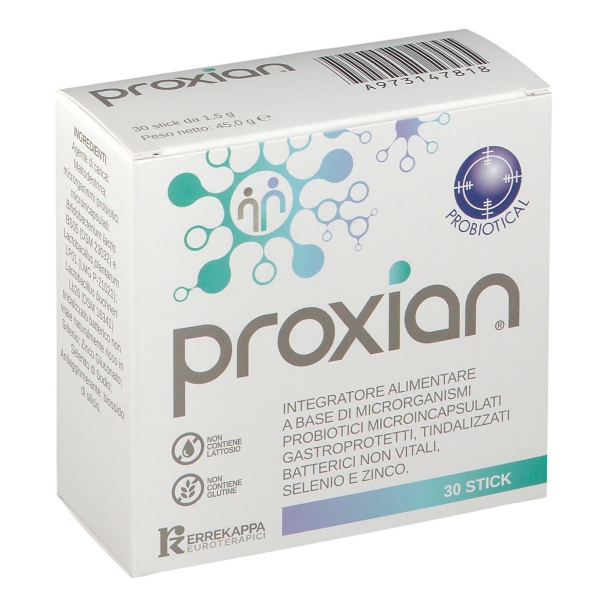 Scatola "Proxian" con logo e "30 Stick". Contiene informazioni sugli ingredienti e certificazioni.