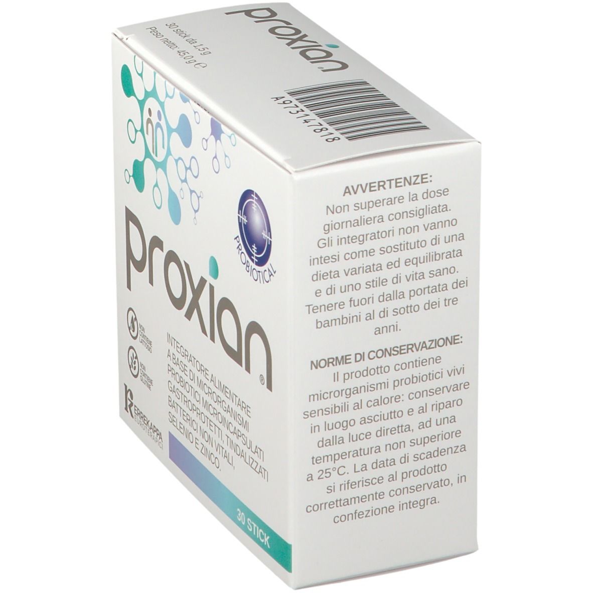 Scatola "Proxian" con logo e testo. Contiene informazioni sull'uso e la conservazione del prodotto.