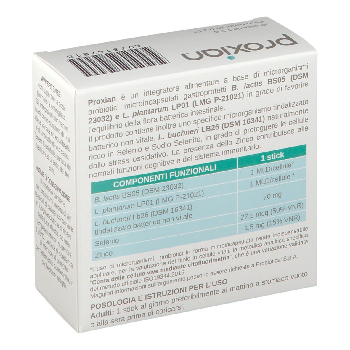 Scatola "Proxian" con informazioni sugli ingredienti. Contiene informazioni sulla composizione del prodotto.